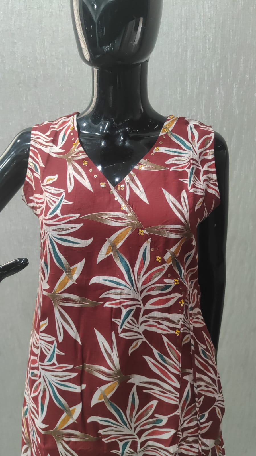 Red Floral Foil Printed Viscose Salwar Suit in Angrakha Design - Image 1