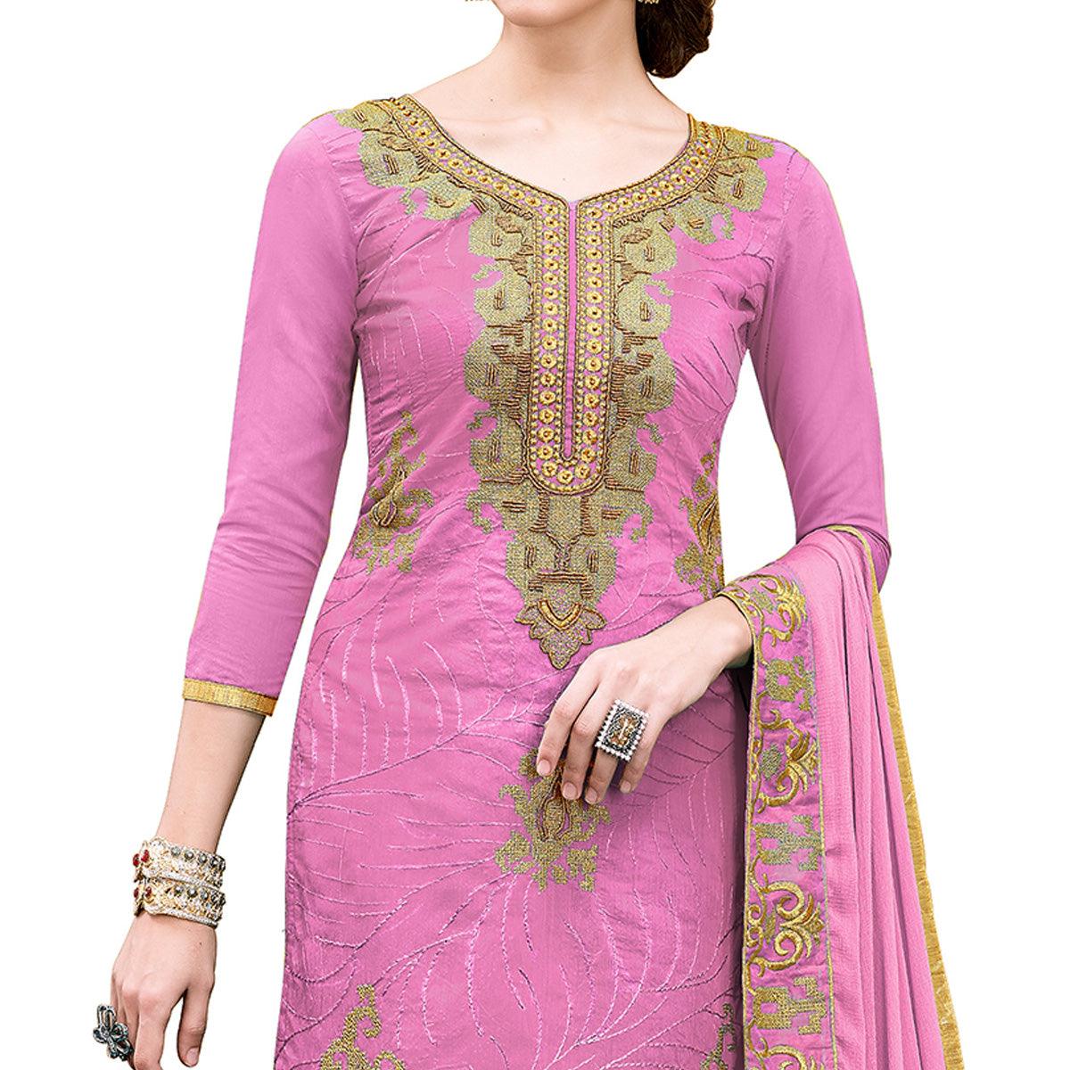 Desirable Light Pink Colored Party Wear Embroidered Modal Dress Material - Image 2