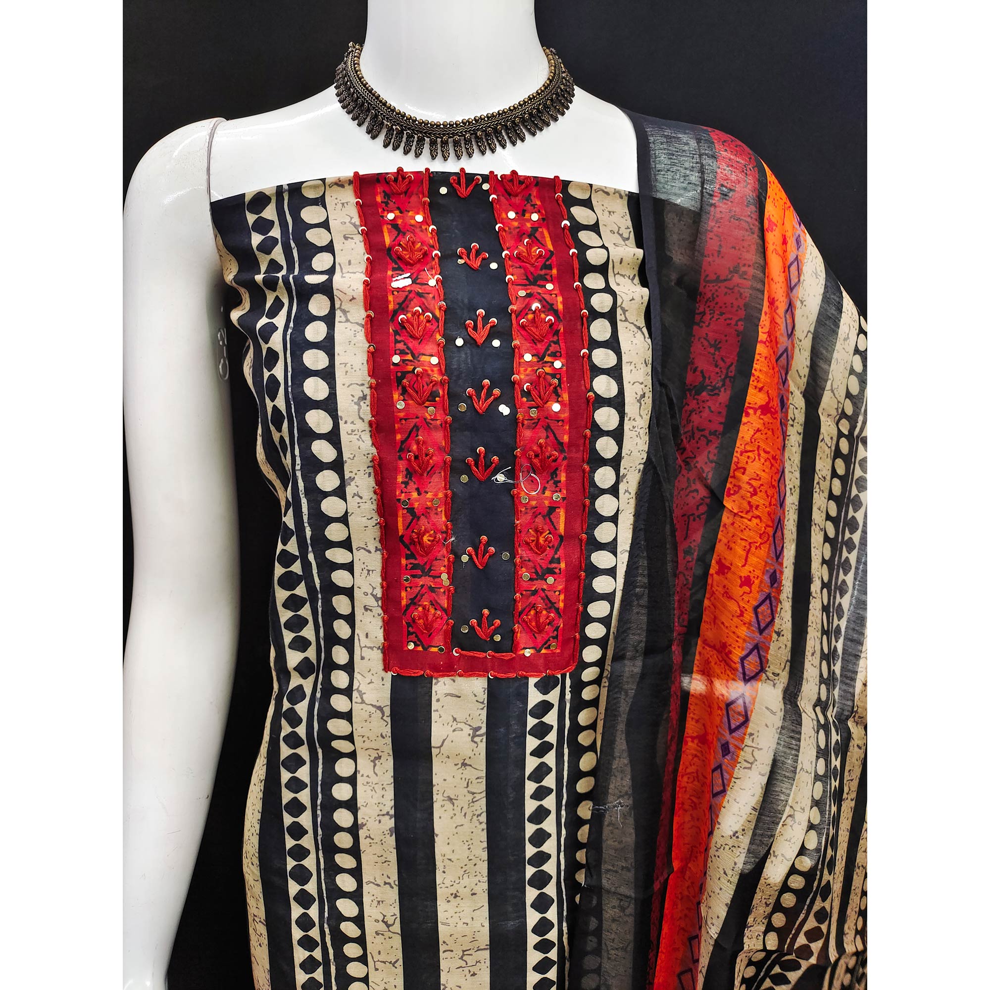 Black Printed Chanderi Dress Material