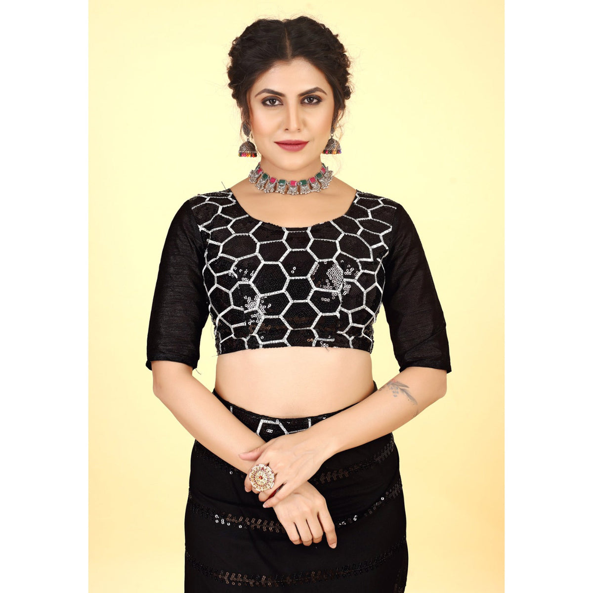 Black Sequins Embroidered Georgette Saree - Image 5