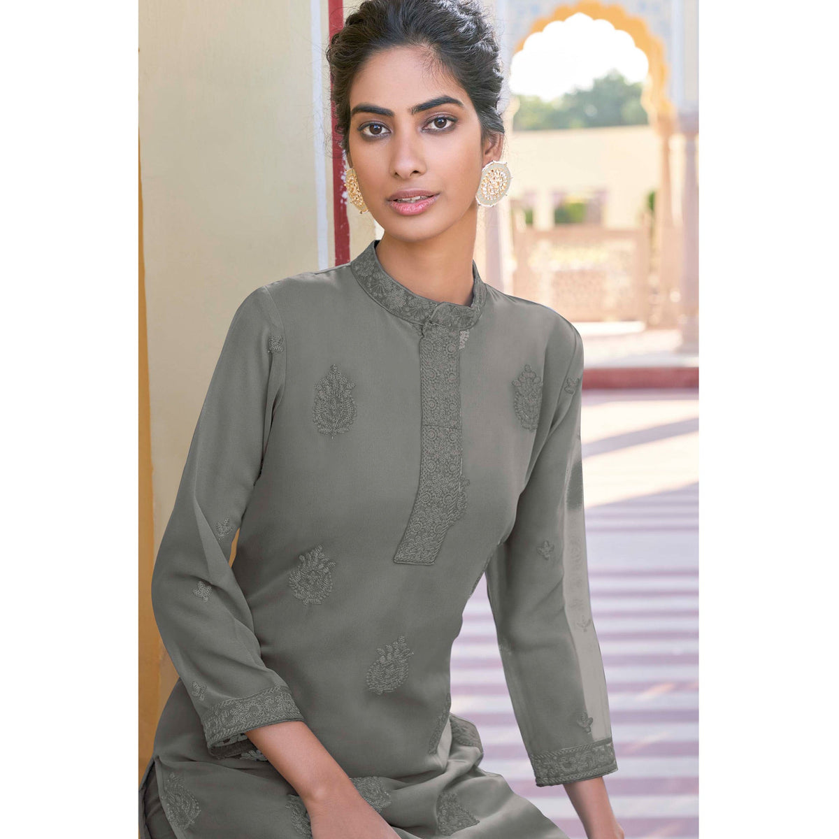 Grey Lucknowi Embroidered Georgette Kurti Palazzo Set - Image 2