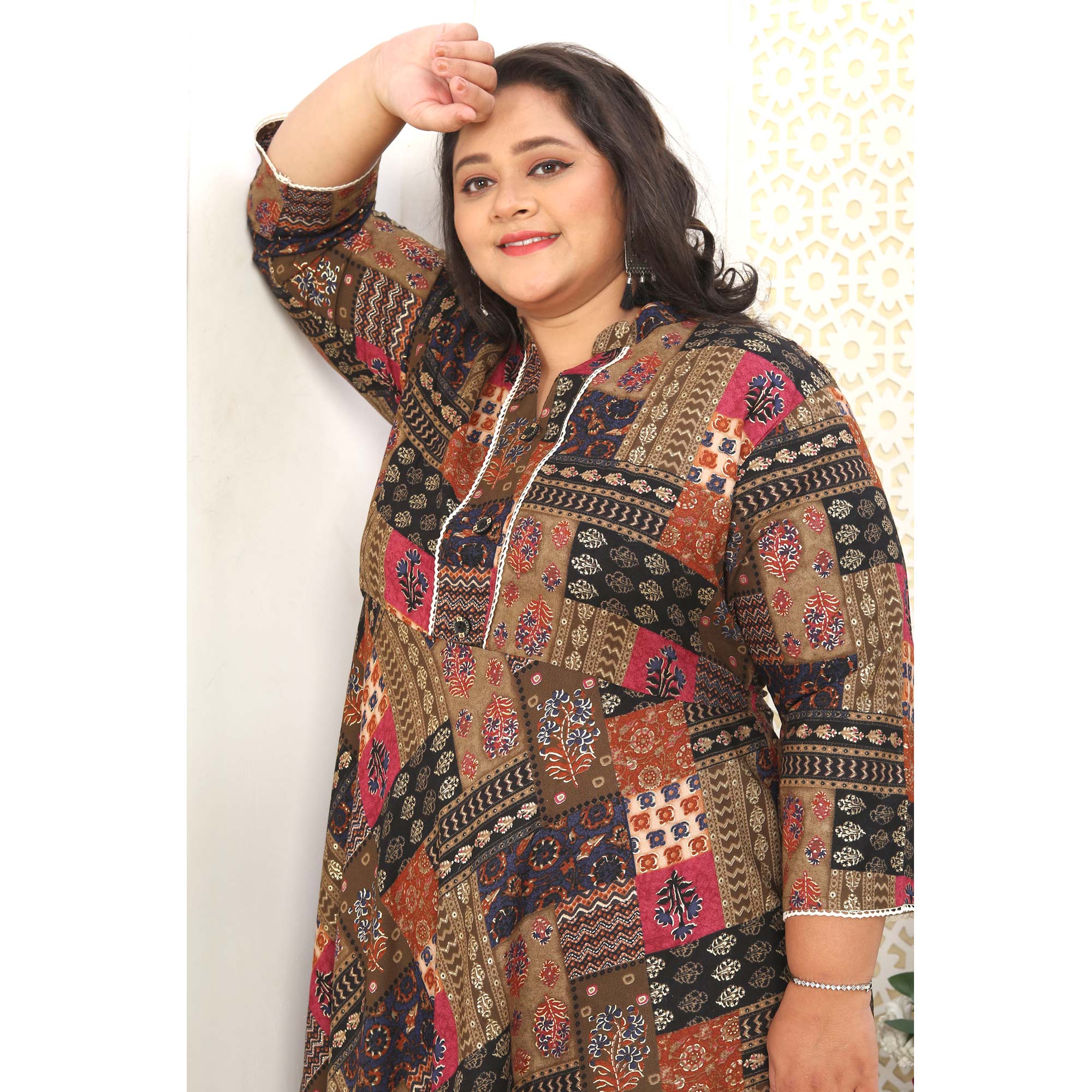 Brown Floral Printed Rayon Long Kurti