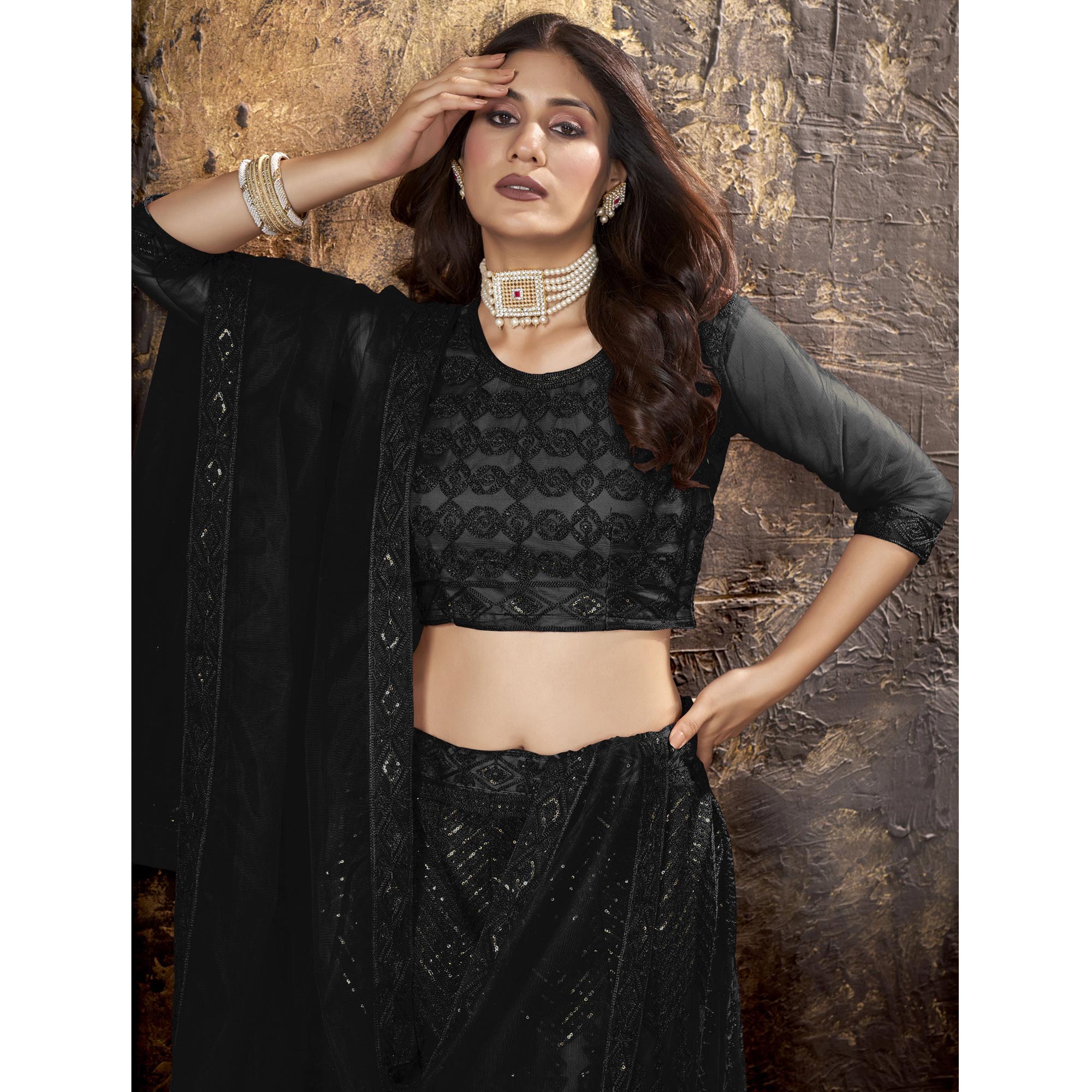 Black Sequins Embroidered Net Lehenga Choli - Image 3