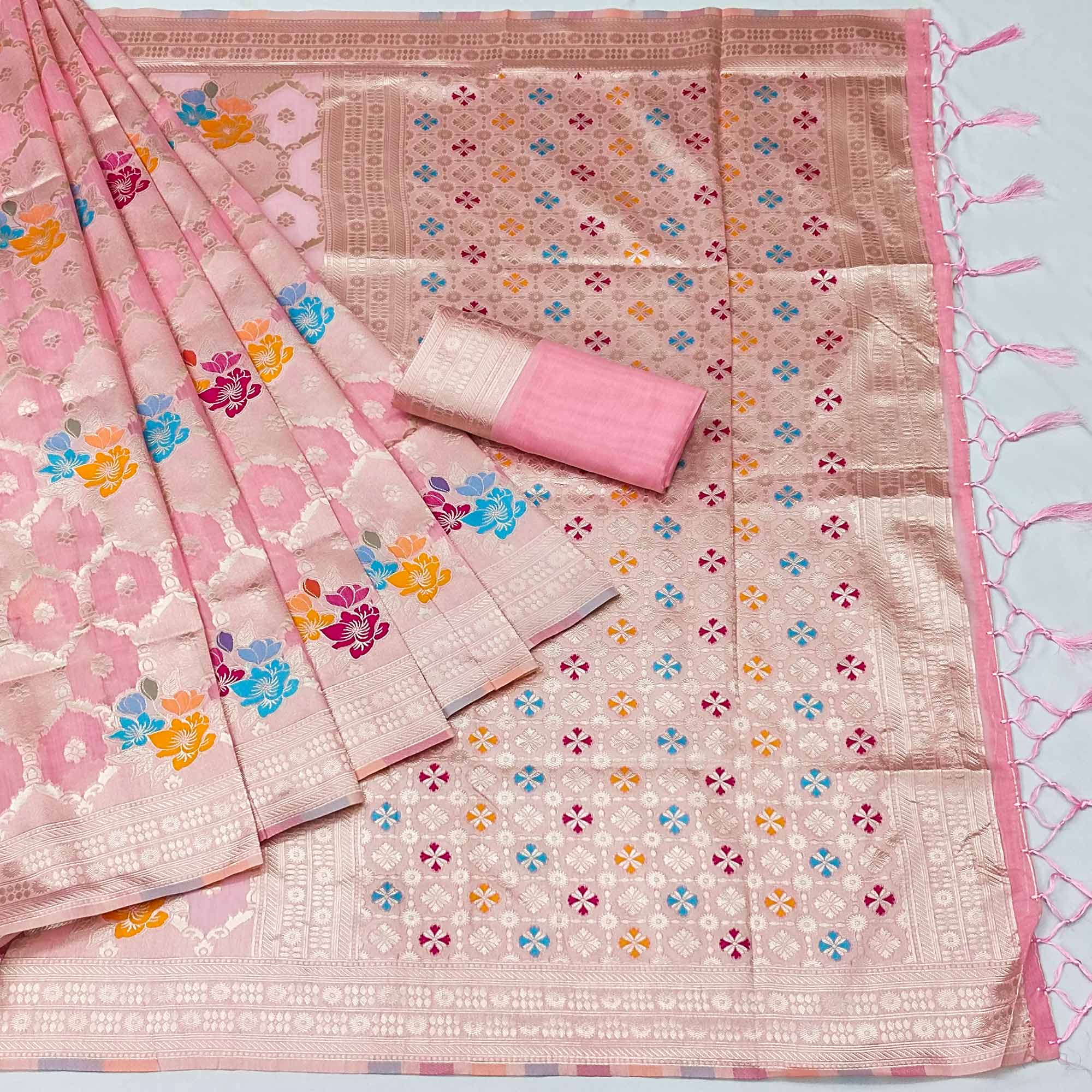 Pink Woven Jacquard Saree With Tassels