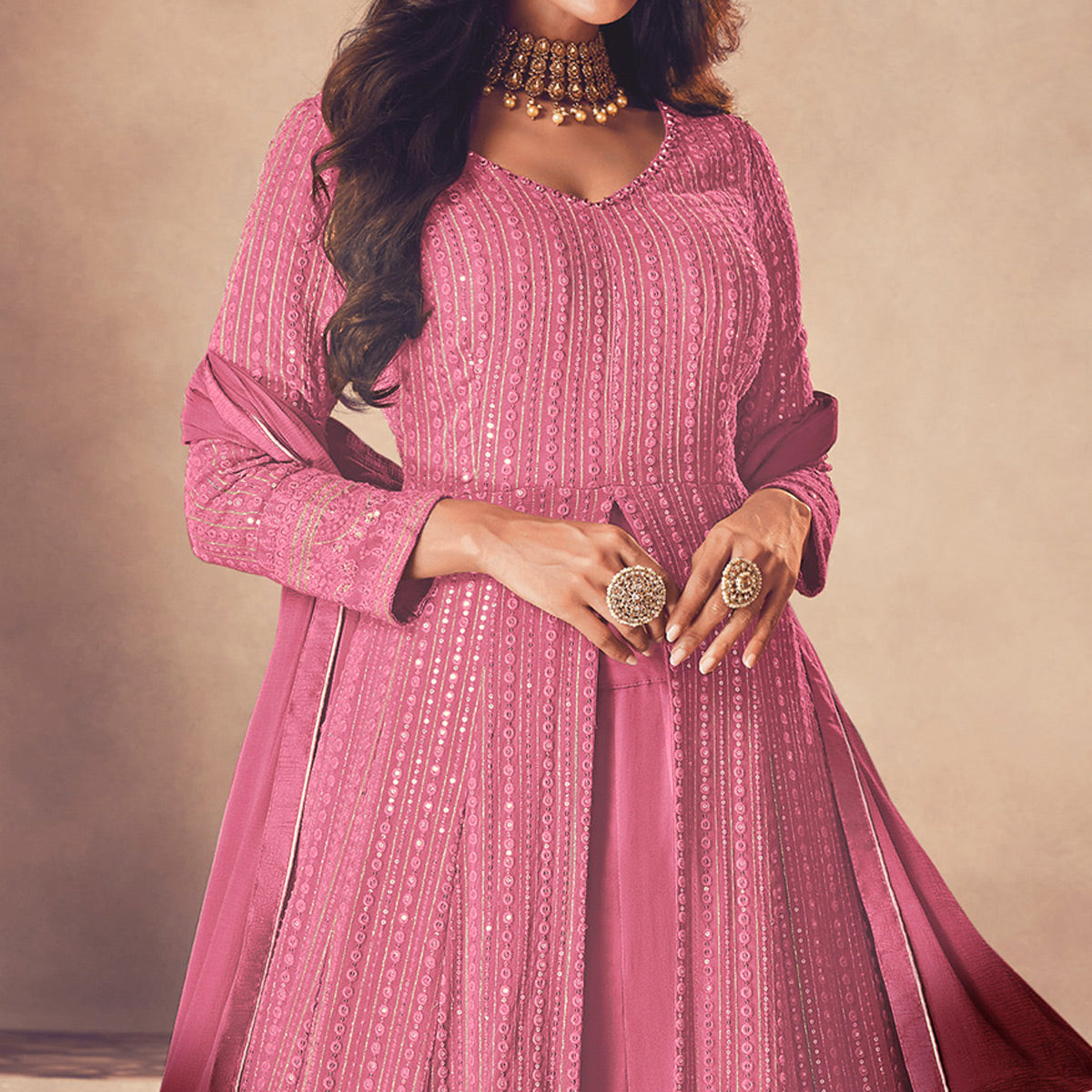 Pink Sequins Embroidered Georgette Front Slit Suit