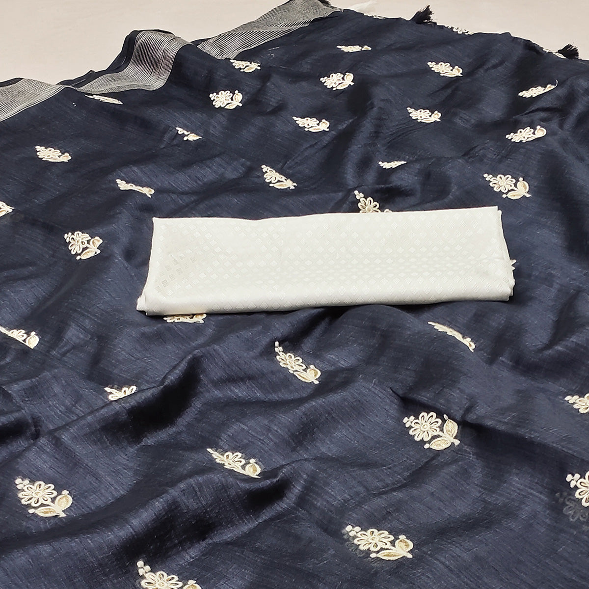 Black Floral Embroidered Cotton Blend Saree