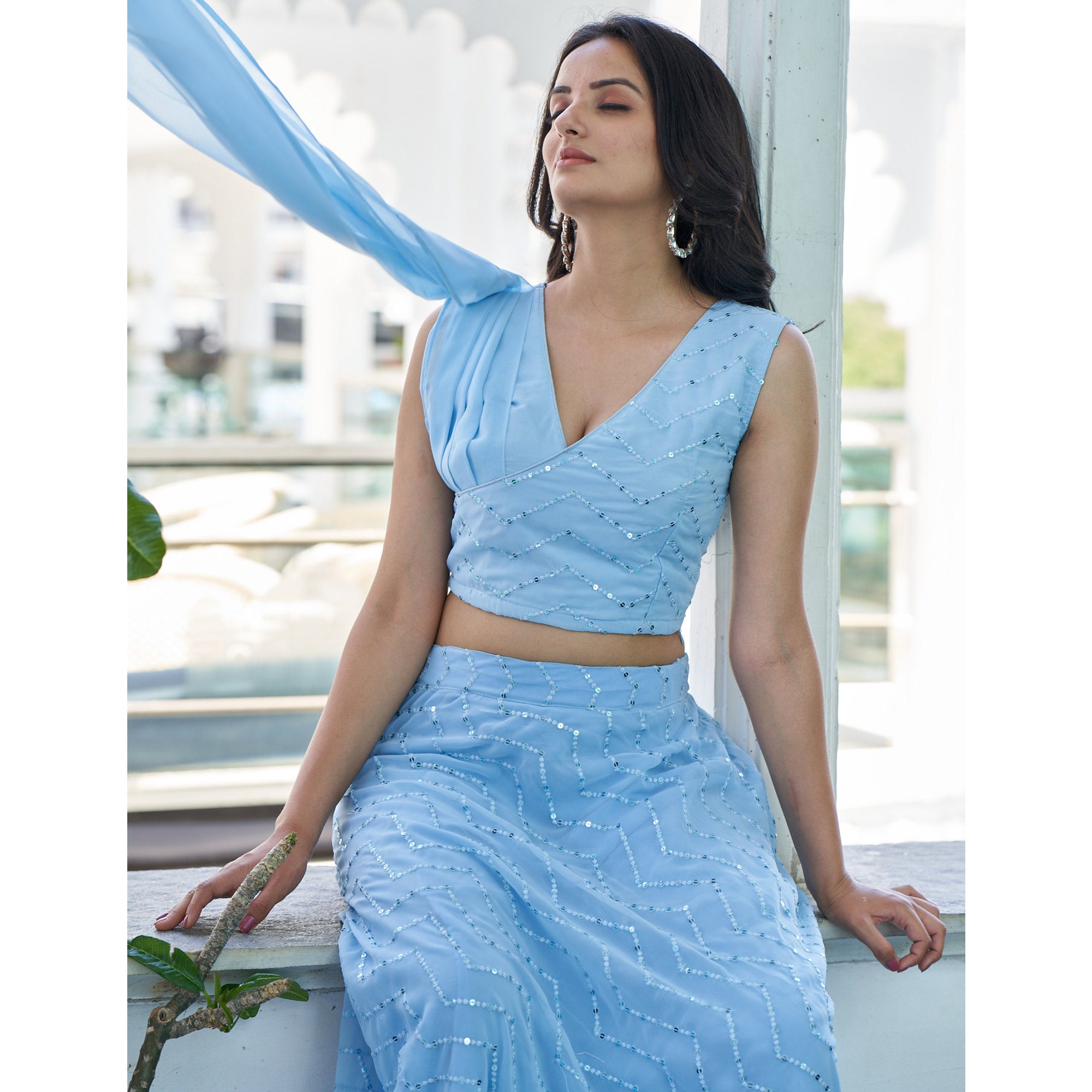 Blue Sequins Embroidered Georgette Lehenga Choli