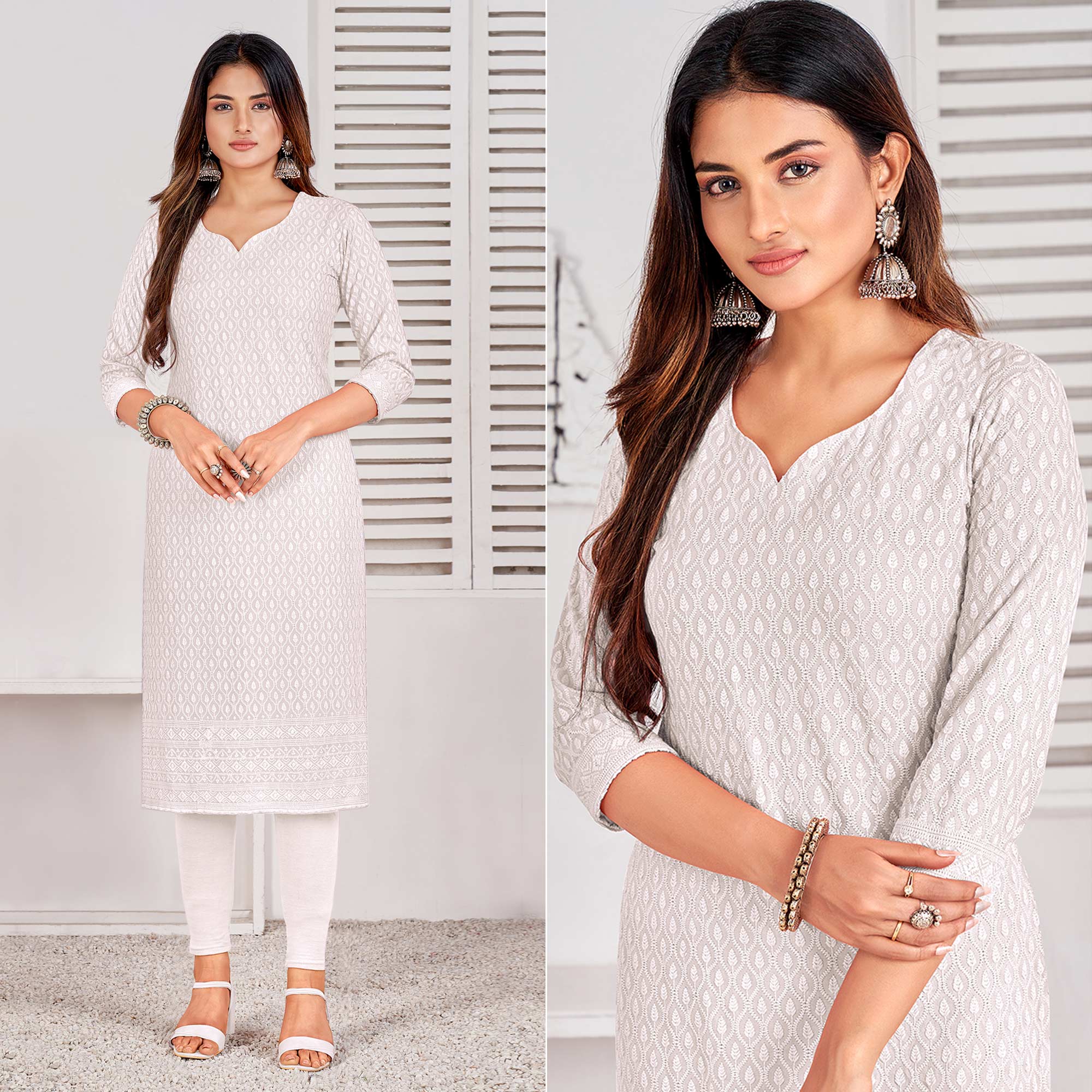 White Lucknowi Chikankari Rayon Kurti