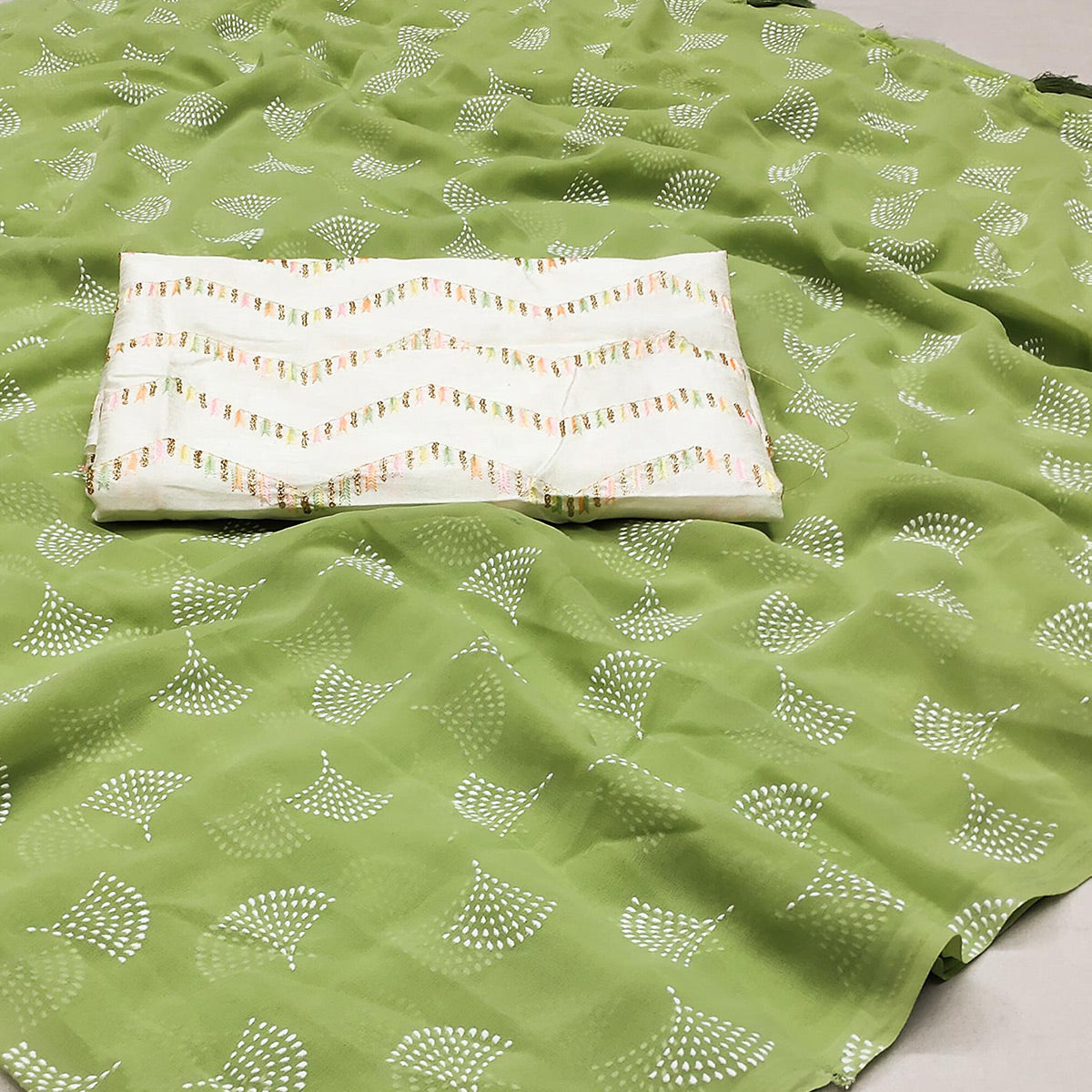 Green Foil Printed Georgette Saree