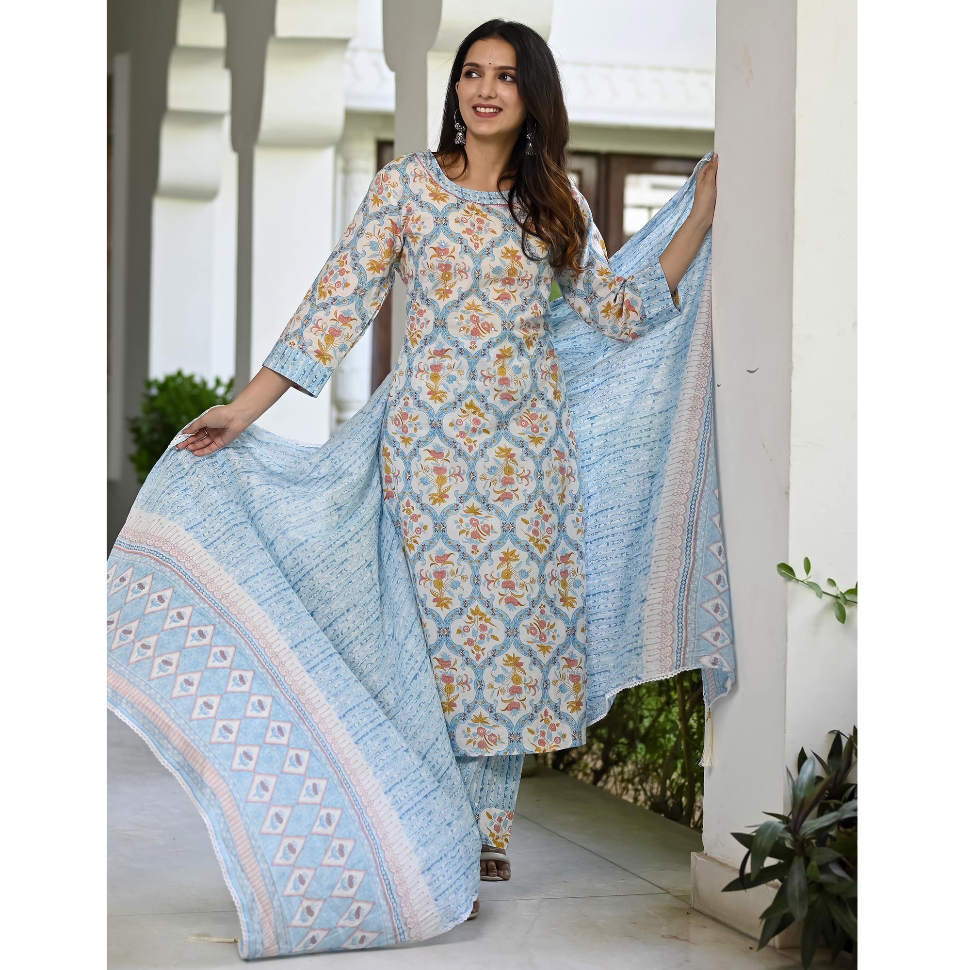 Blue Floral Printed Pure Cotton Suit