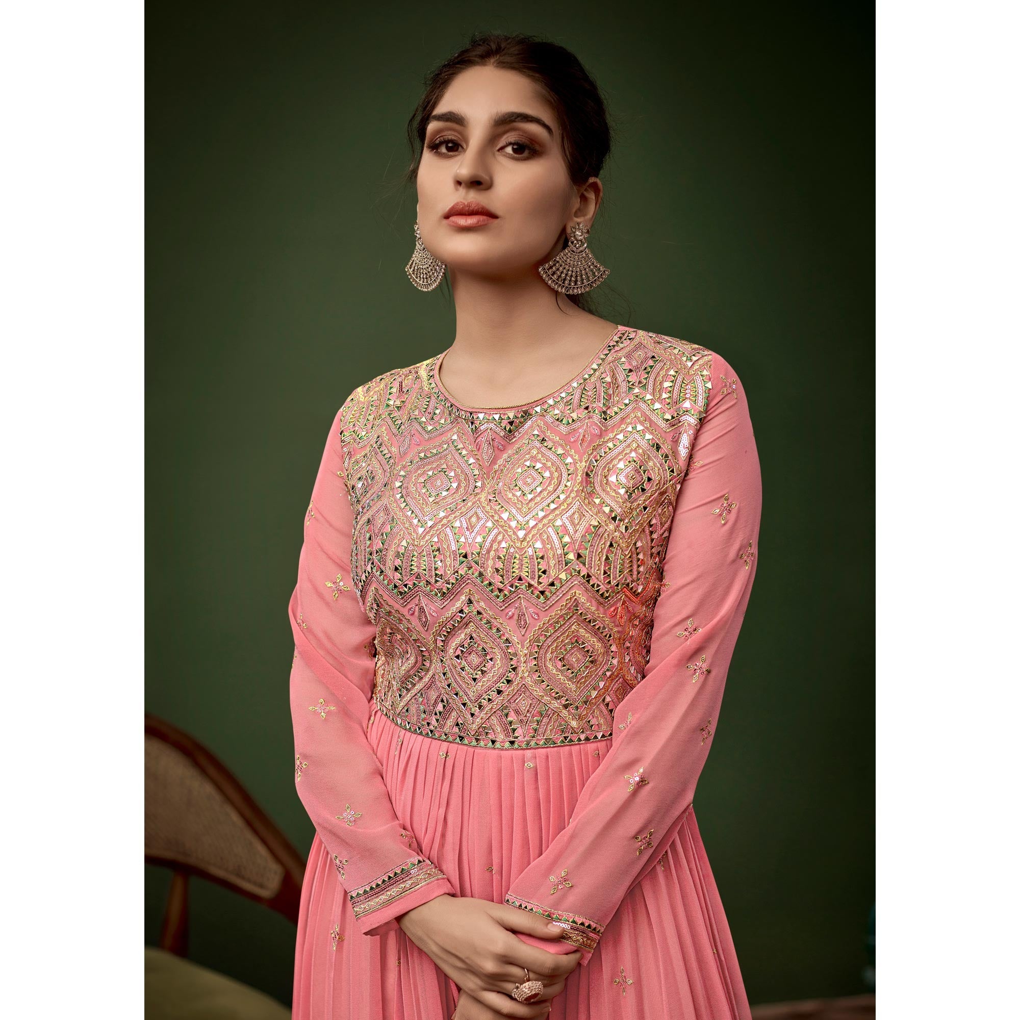 Pink Sequins With Mirror Embroidered Georgette Jumpsuit - Image 1