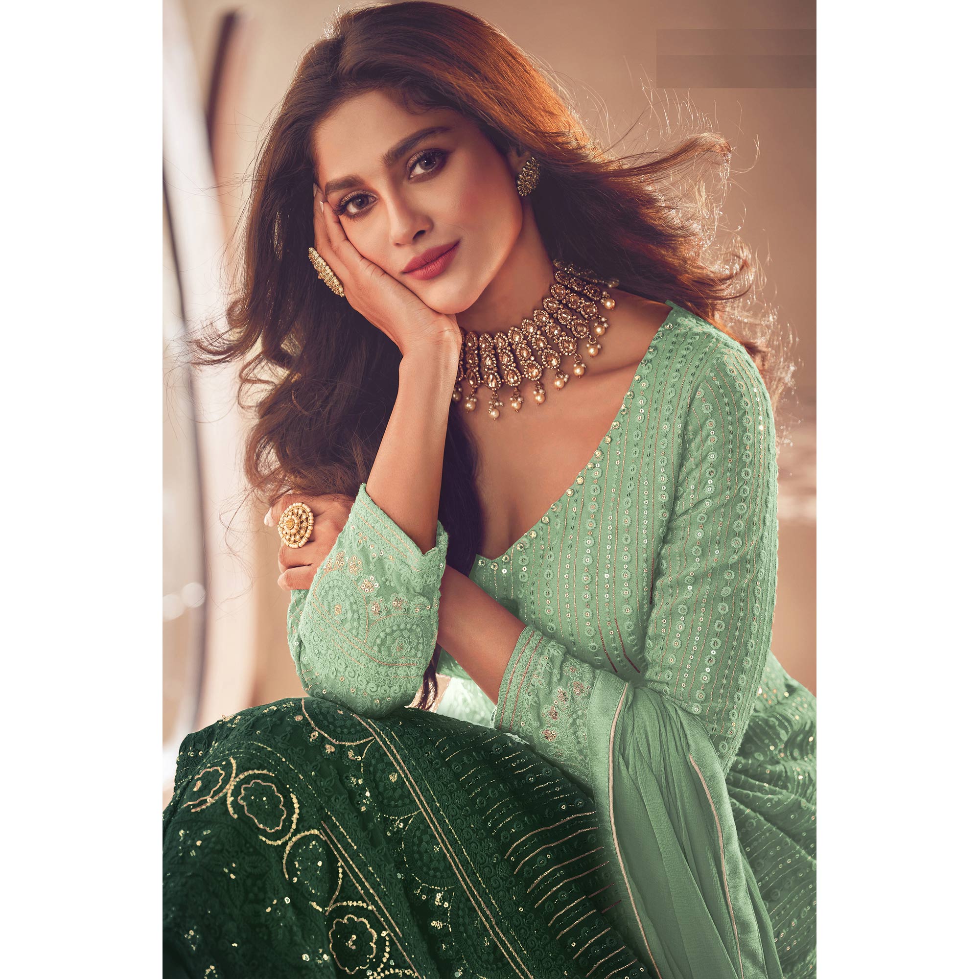 Green Sequins Embroidered Georgette Front Slit Suit