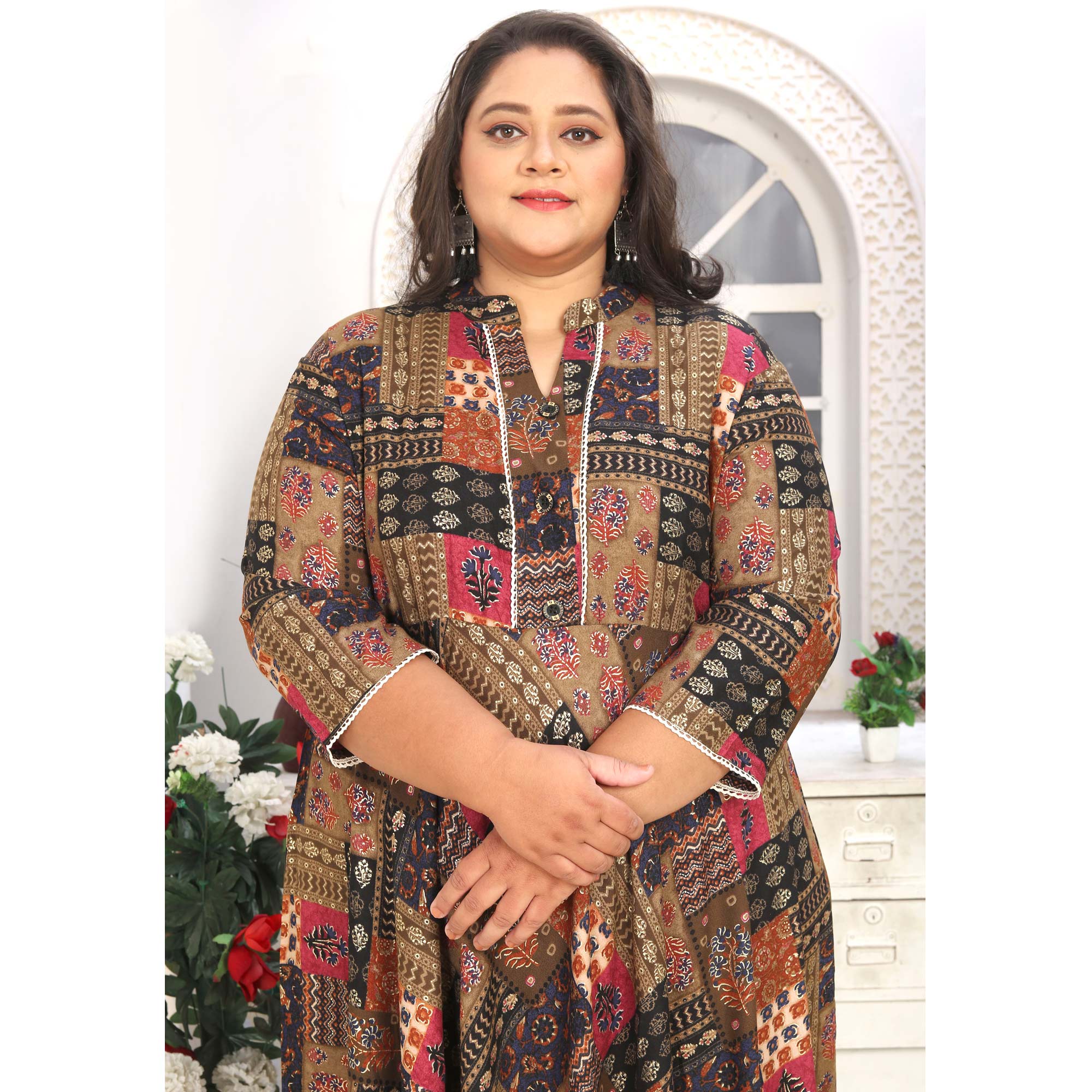 Brown Floral Printed Rayon Long Kurti