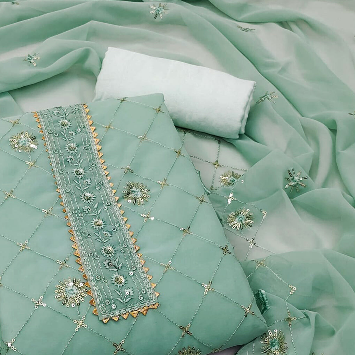 Green Embroidered Sequins Georgette Dress Material