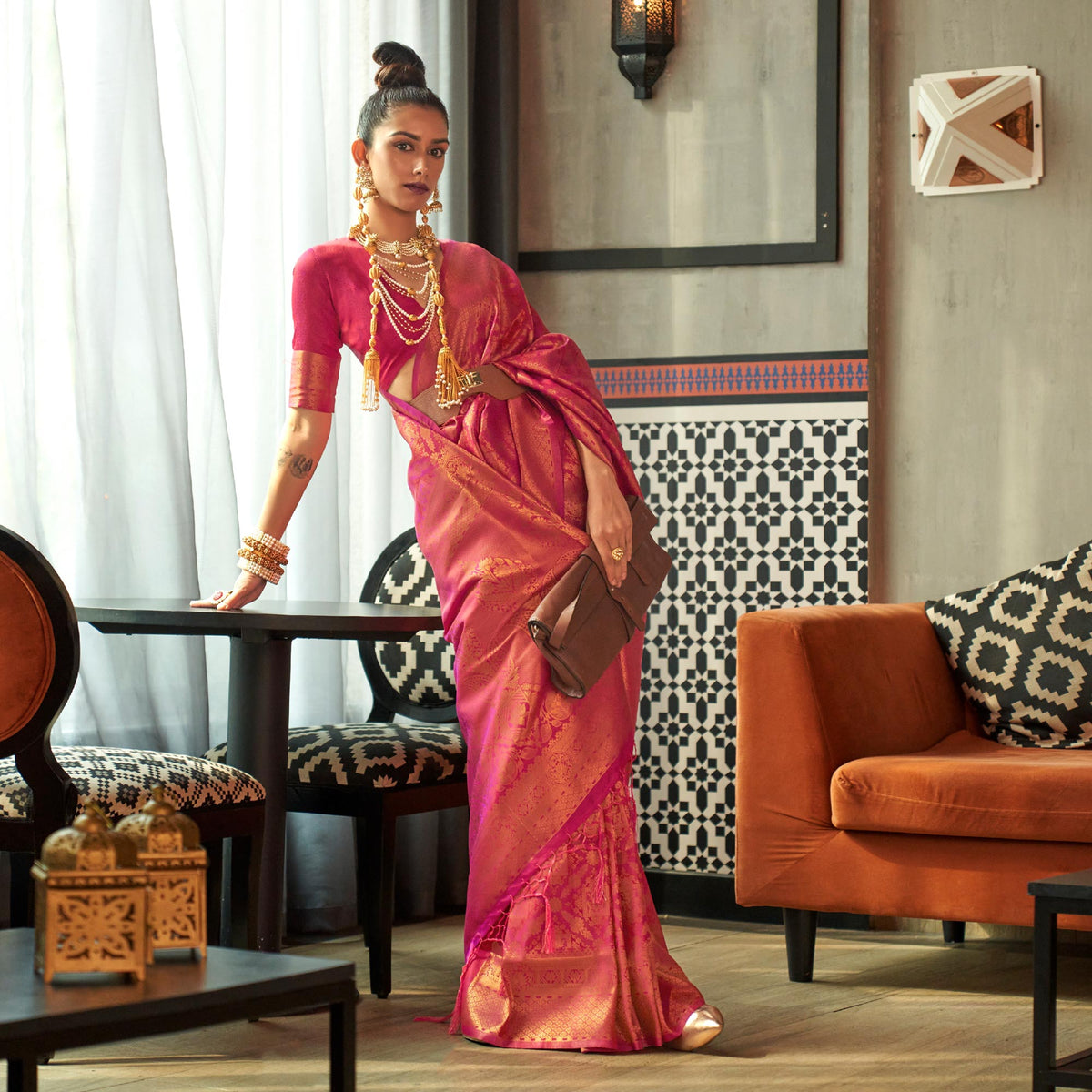 Magenta Pink Woven Art Silk Saree With Tassels - Image 1