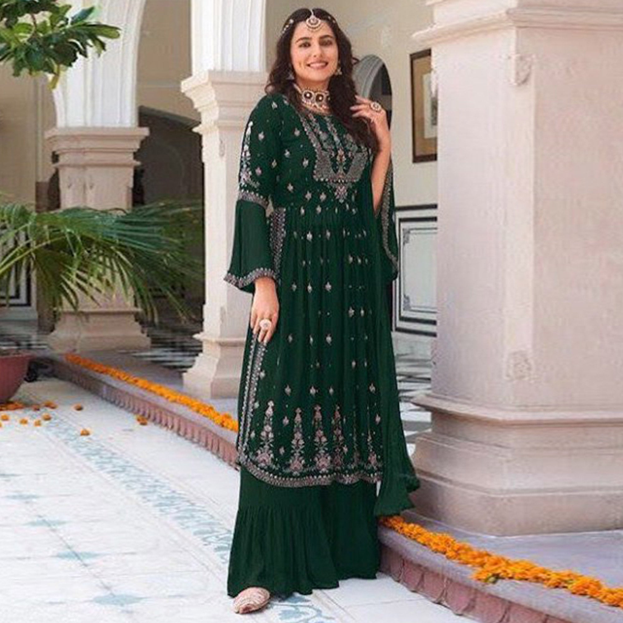 Green Floral Embroidered Georgette Naira Cut Sharara Suit