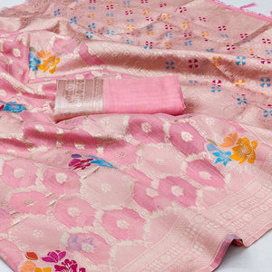 Pink Woven Jacquard Saree With Tassels