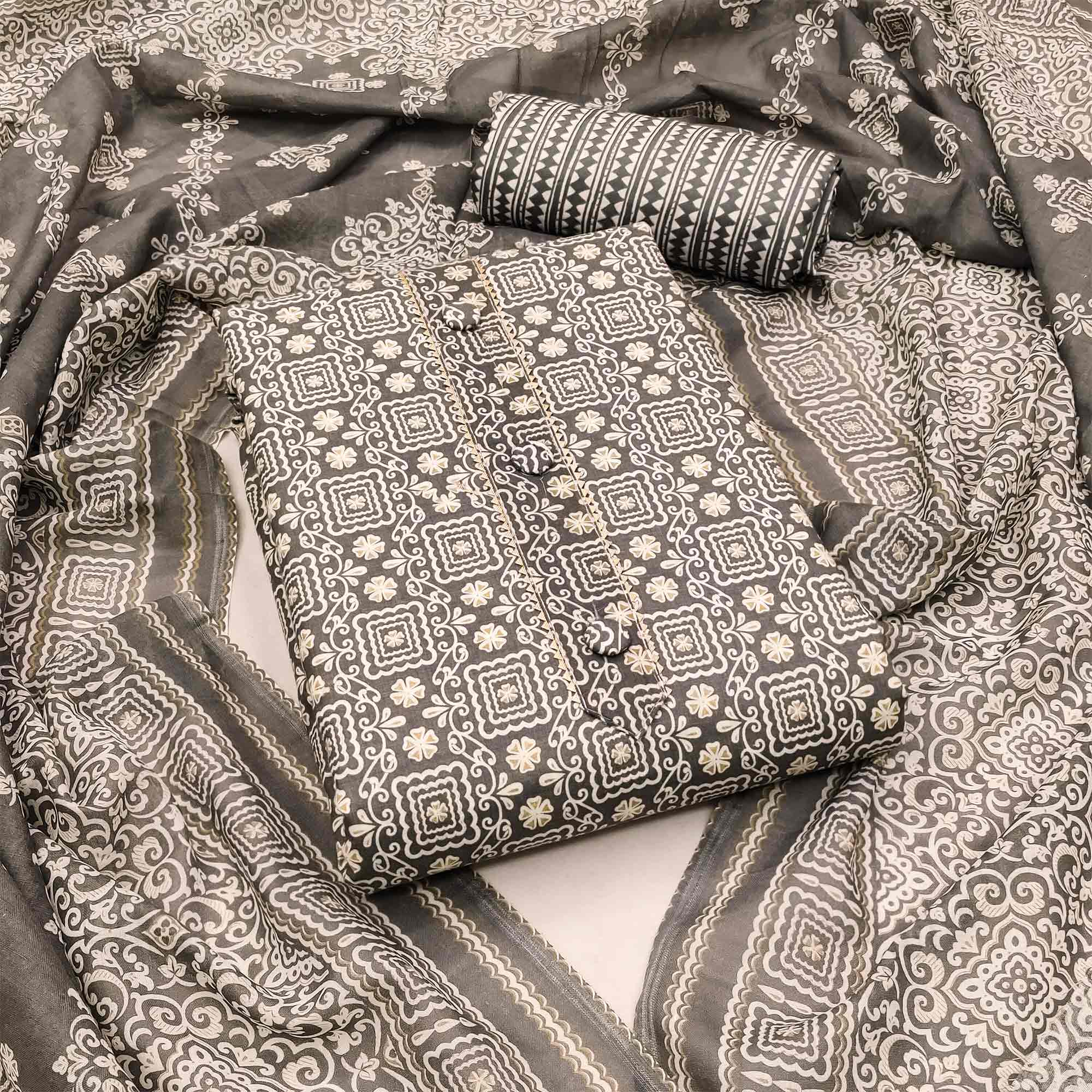 Grey Floral Printed Cotton Dress Material