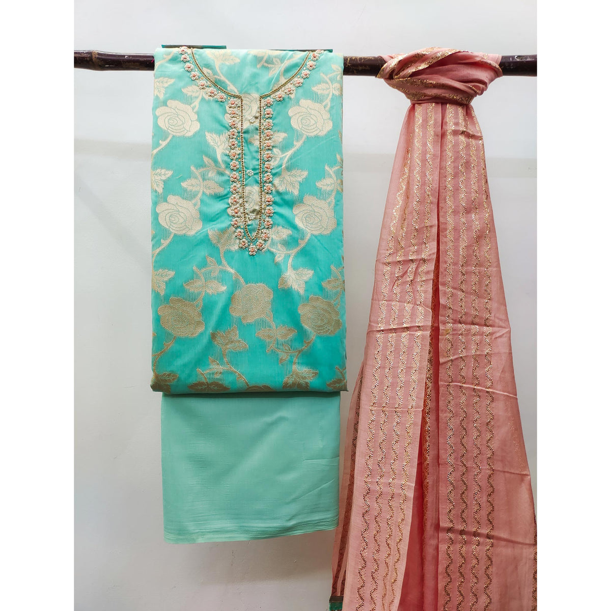 Sky Blue Woven Banarasi Silk Dress Material - Image 5