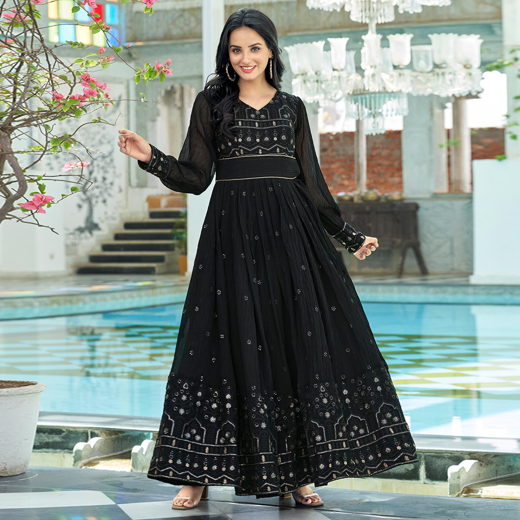 Black Sequins Embroidered Georgette Gown