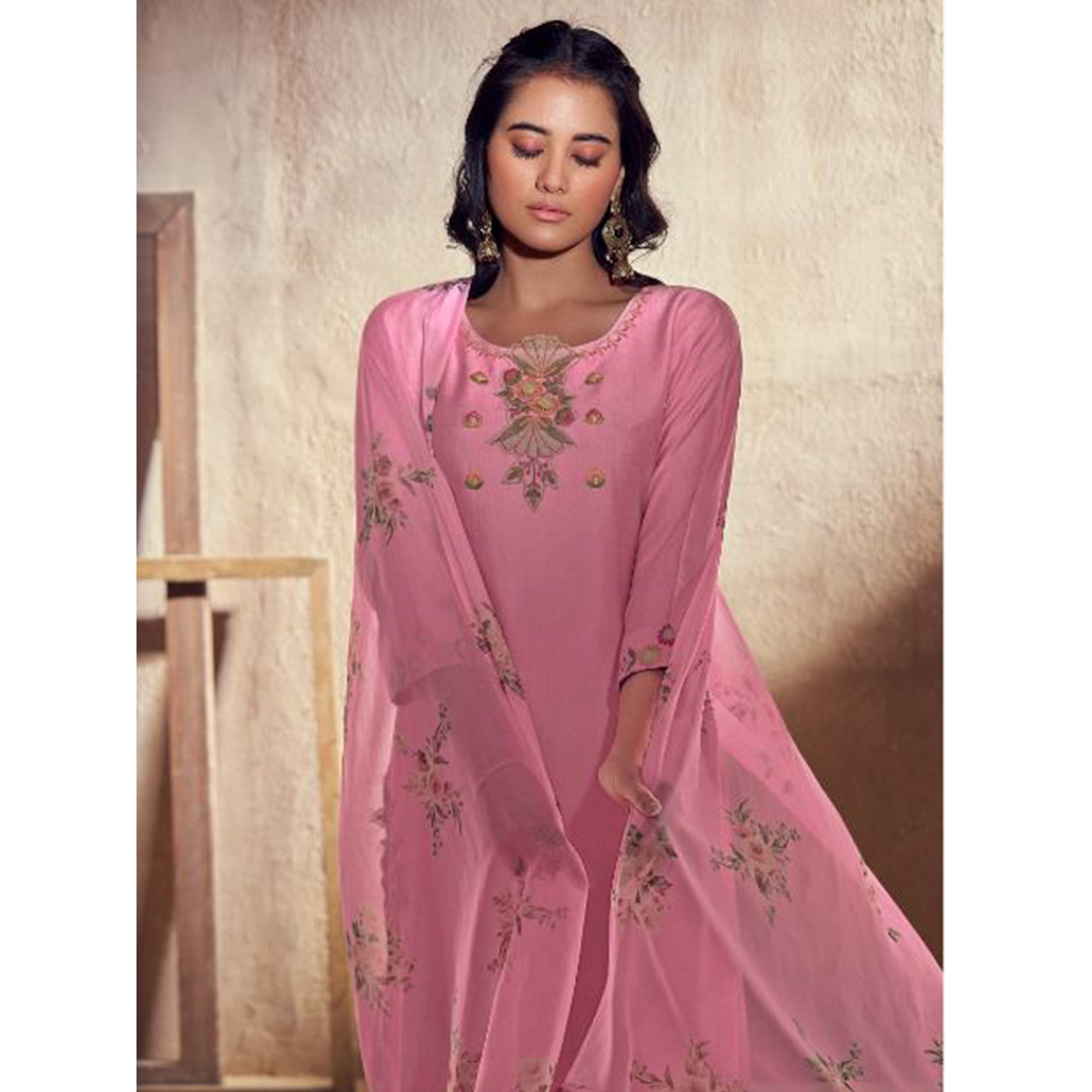 Pink Floral Embroidered Viscose Suit