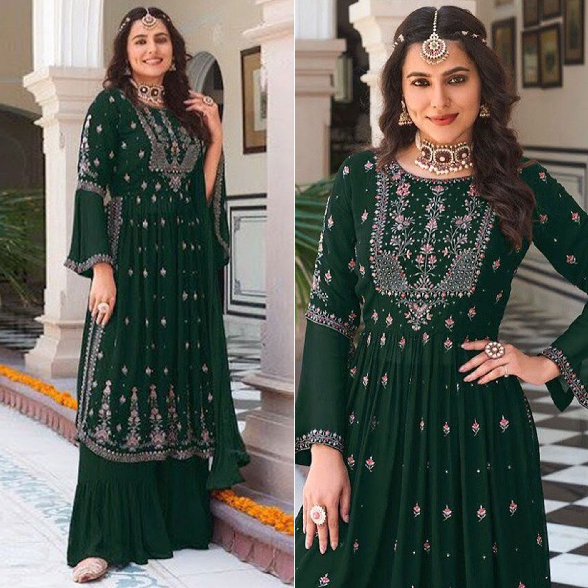 Green Floral Embroidered Georgette Naira Cut Sharara Suit