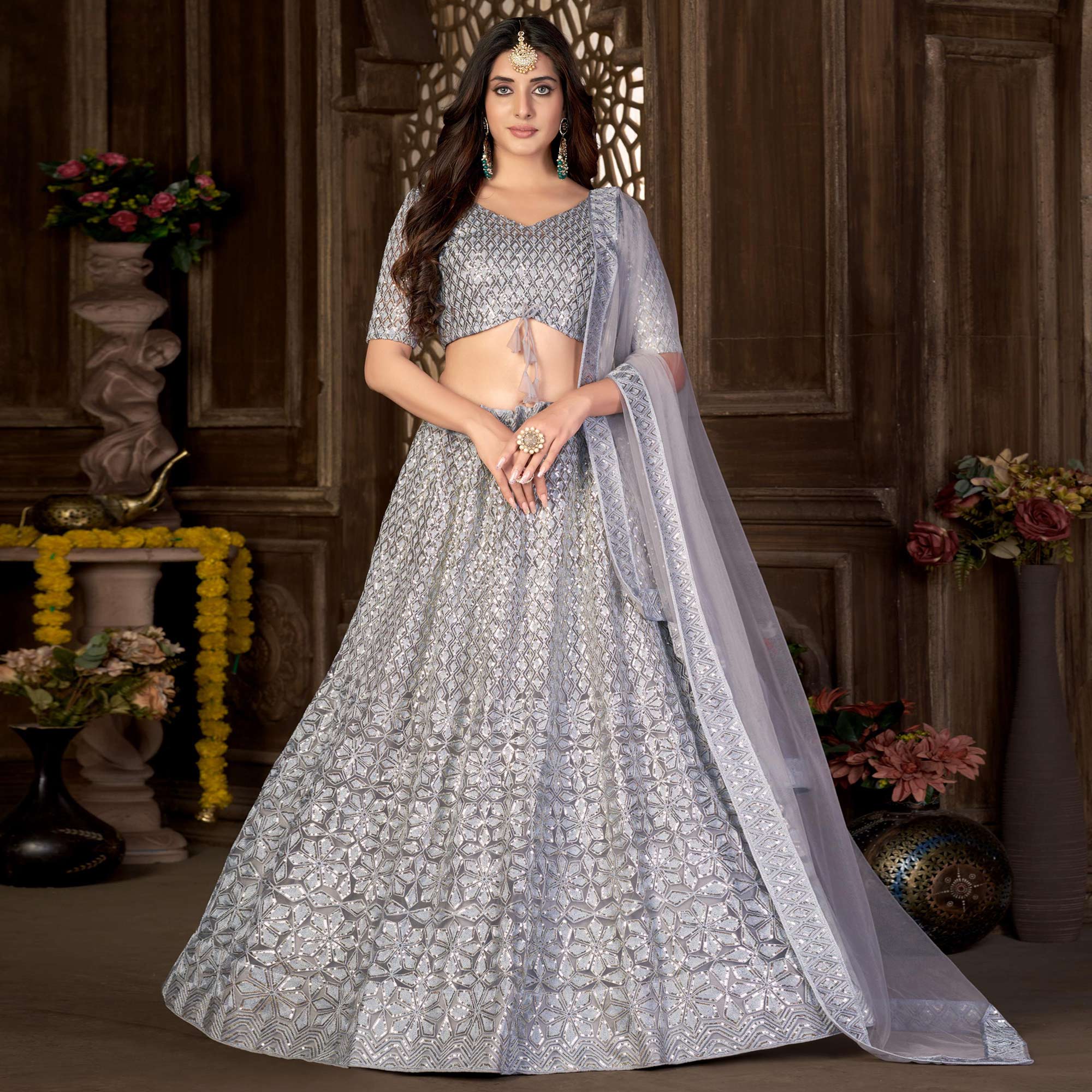Grey Sequins Embroidered Net Lehenga Choli - Image 3