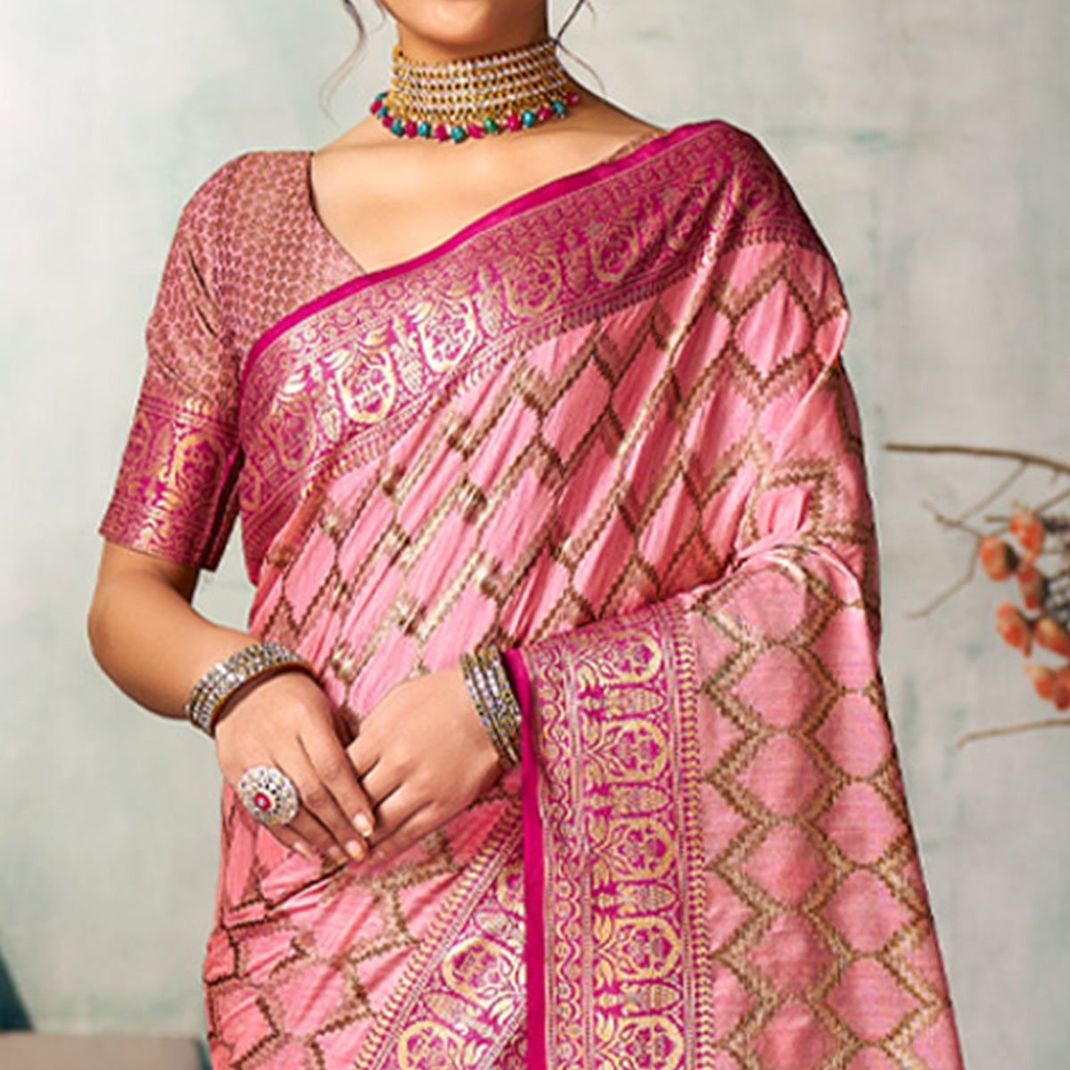 Pink Woven Banarasi Silk Saree