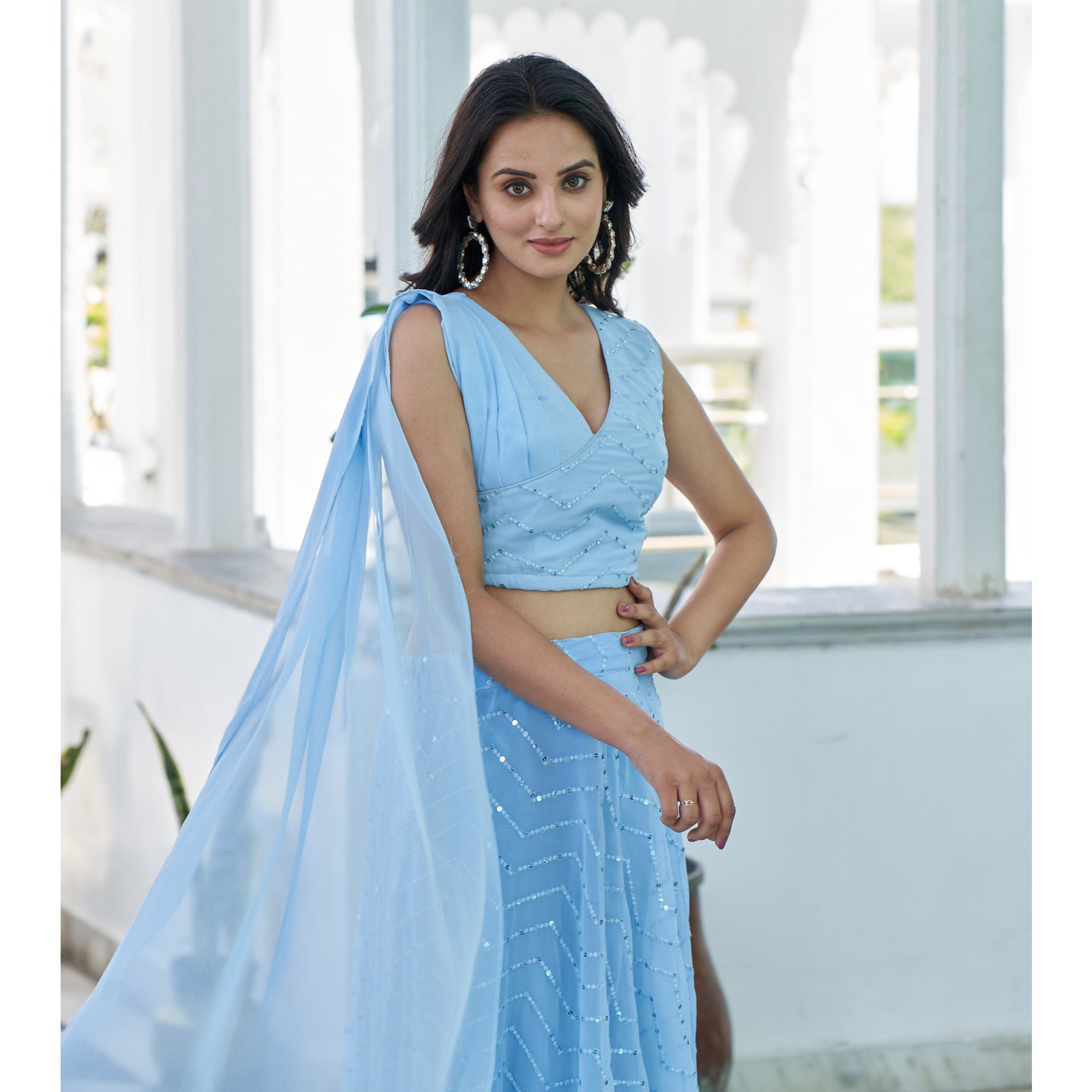 Blue Sequins Embroidered Georgette Lehenga Choli