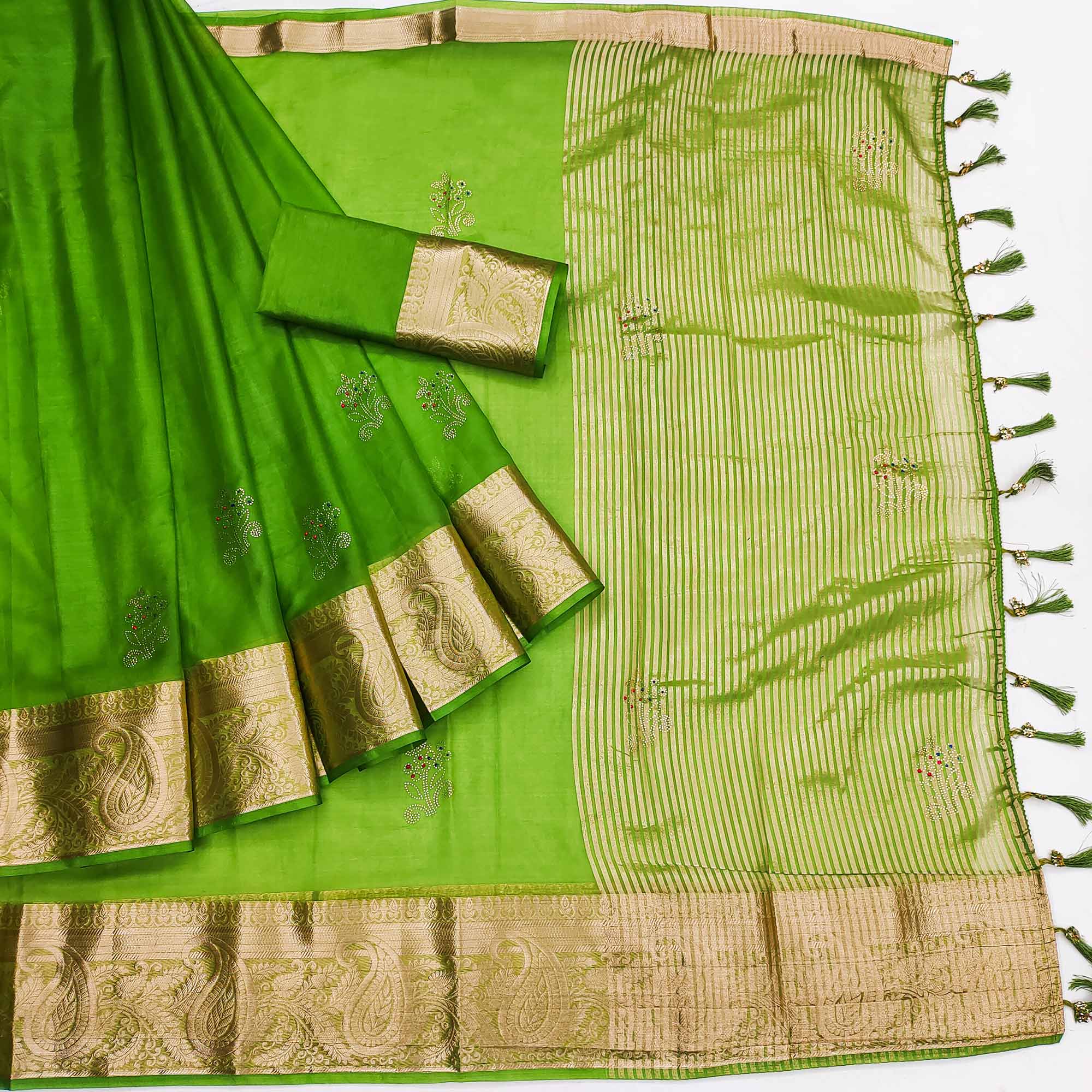 Green Floral Foil With Woven Border Organza Saree