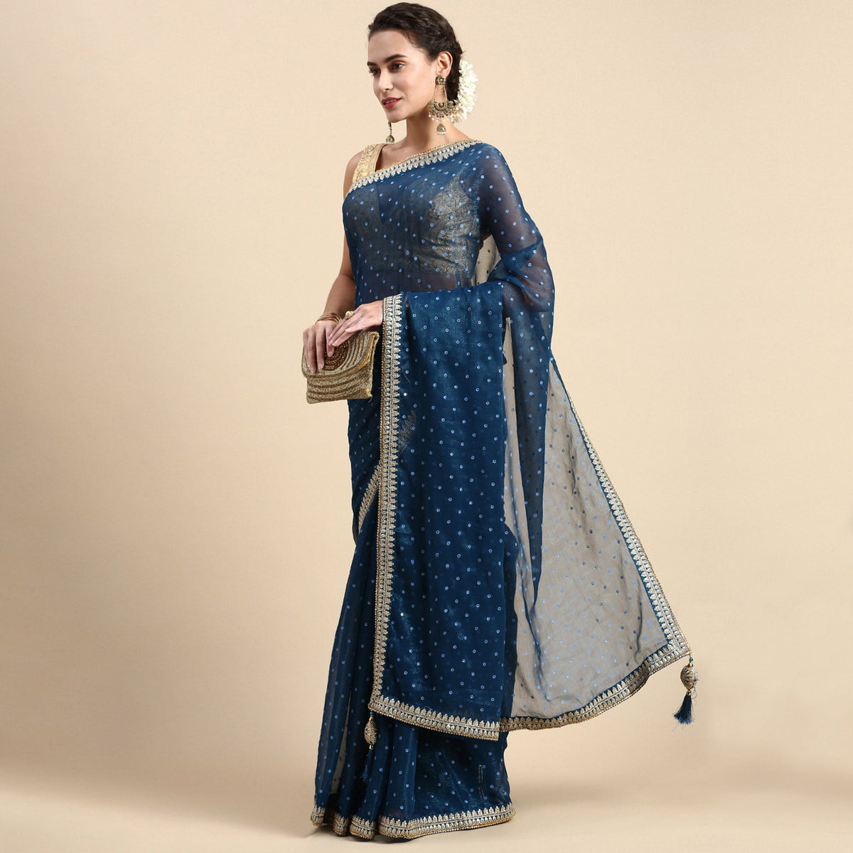 Blue Foil Printed With Embroidered Border Chiffon Saree - Image 8