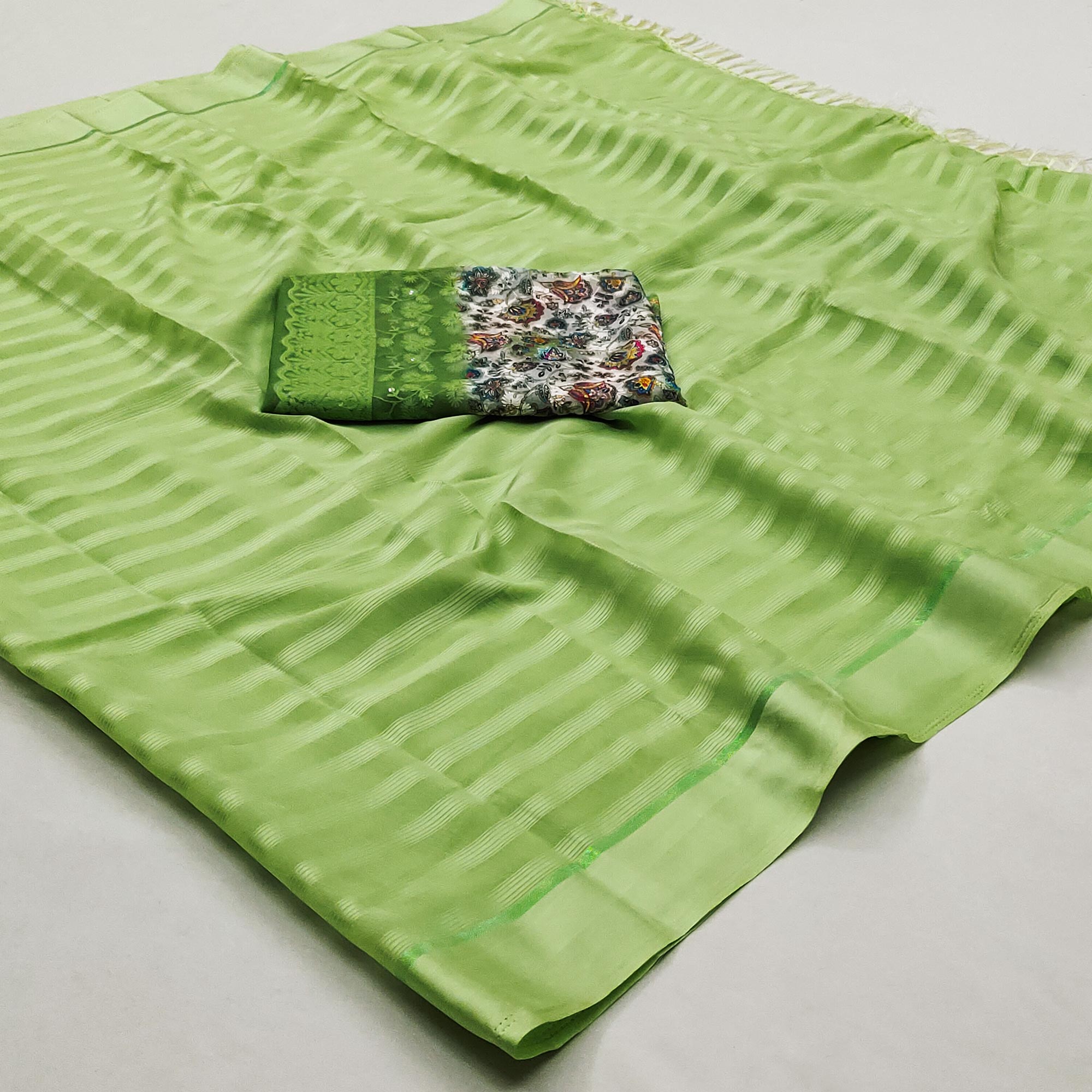 Green Checks Pattern Satin Saree