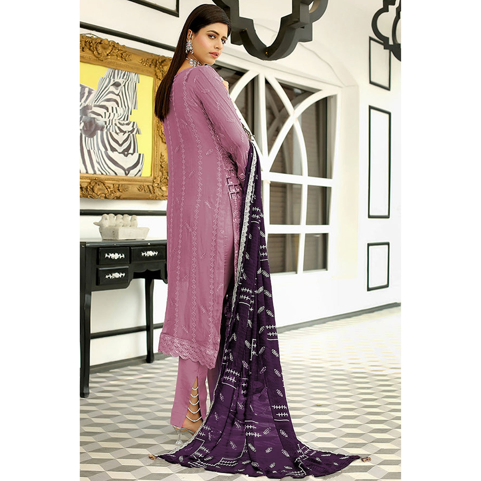 Purple Floral Embroidered Georgette Pakistani Suit