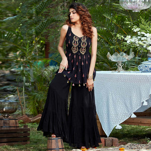 Black Floral Embroidered Georgette Sharara Suit