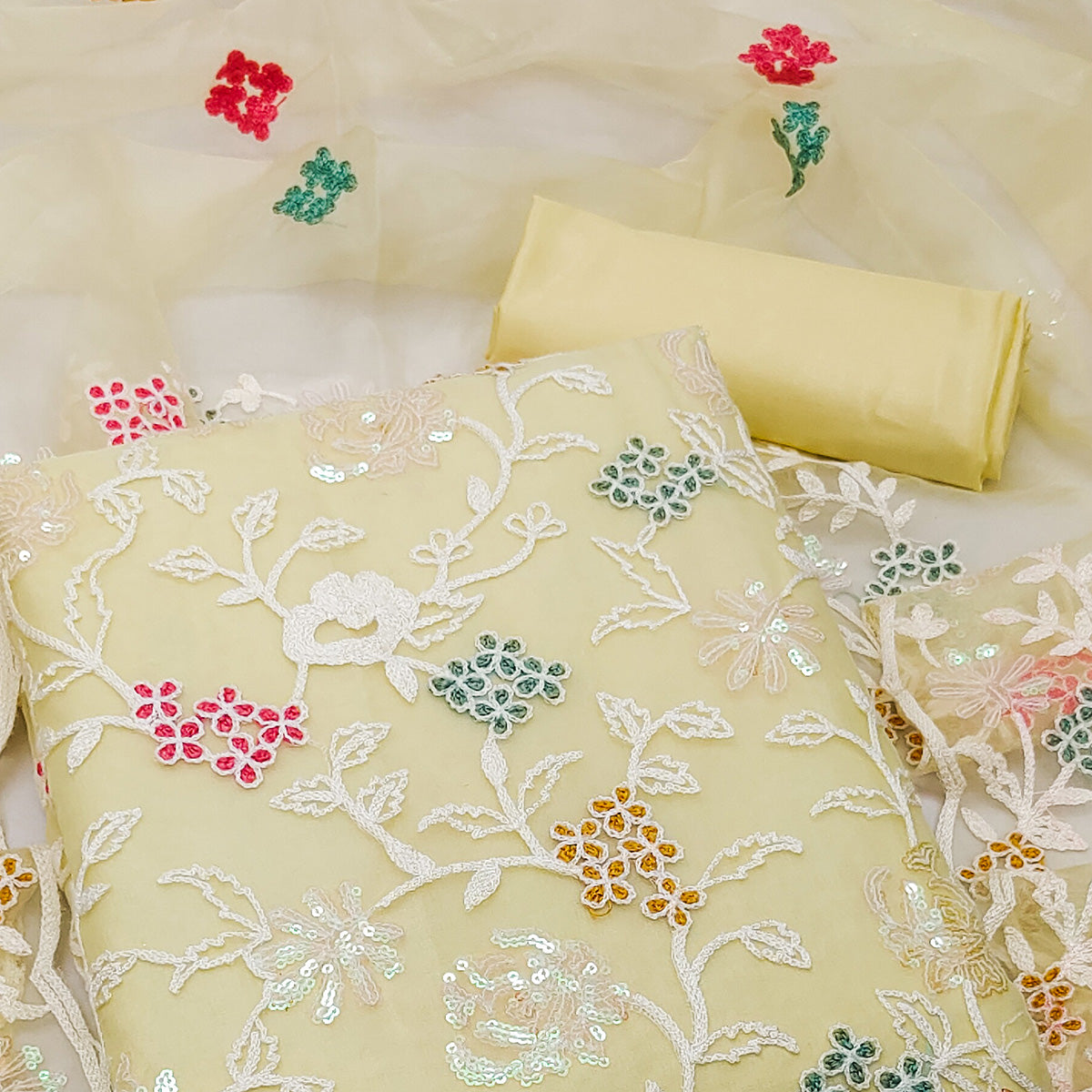 Yellow Sequins Embroidered Organza Dress Material