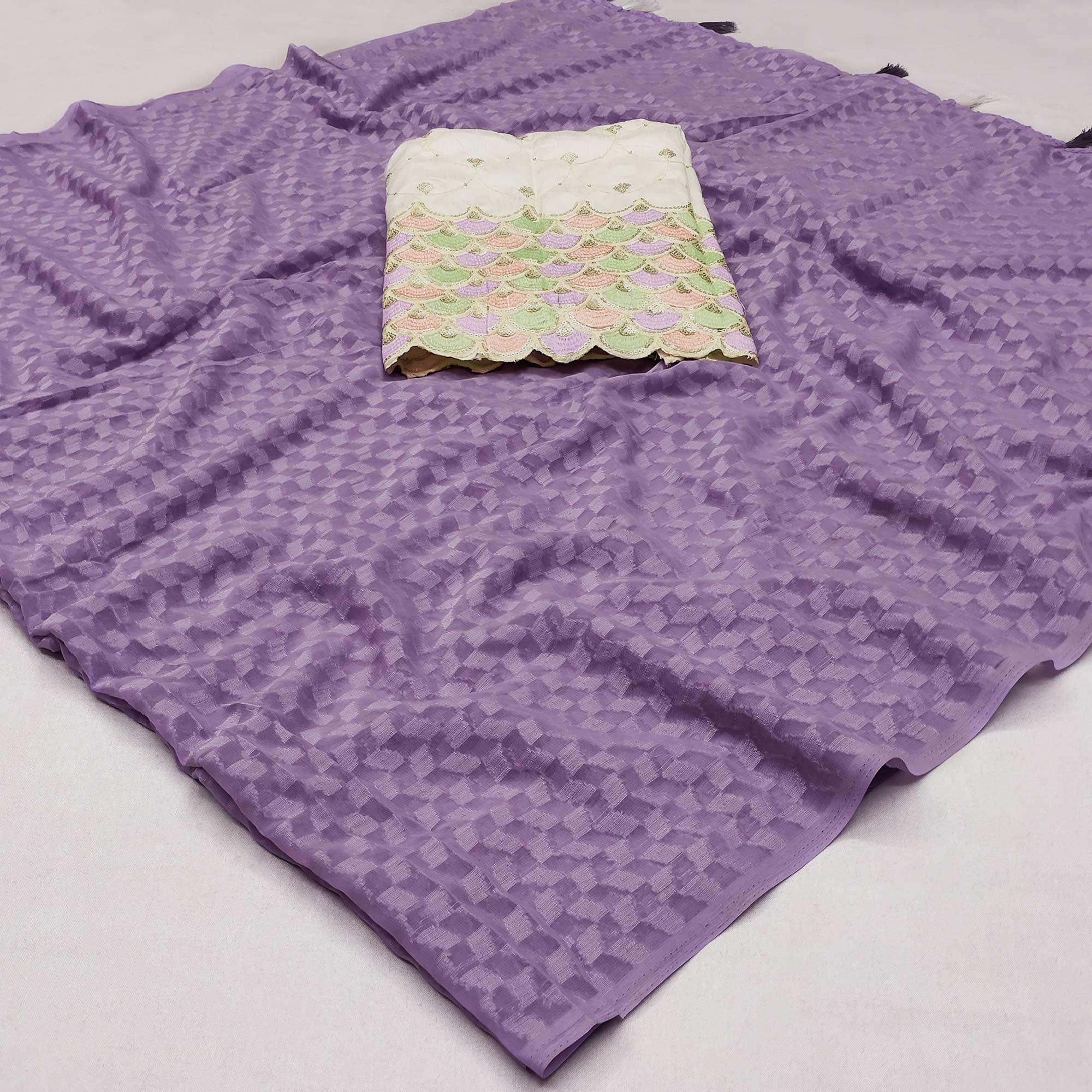 Light Purple Woven Jacquard Saree With Tassels