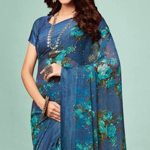 Blue Floral Printed Georgette Saree