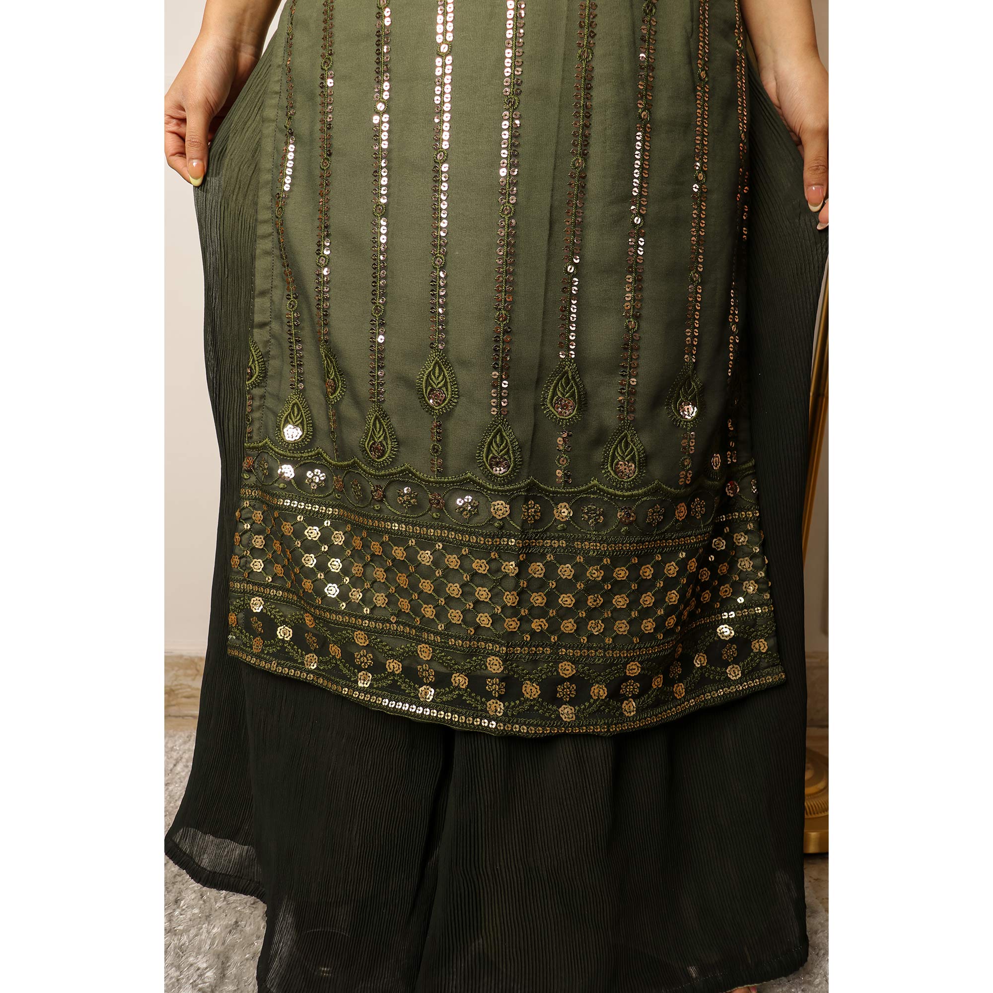 Green Sequins Embroidered Georgette Palazzo Suit - Image 1