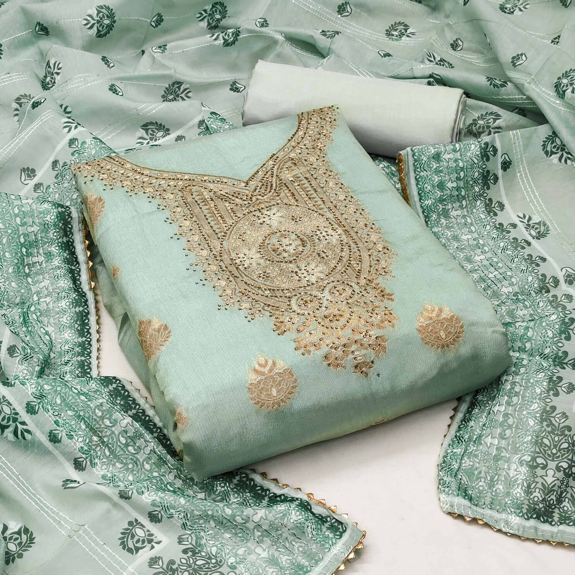 Sea Green Woven Banarasi Silk Dress Material