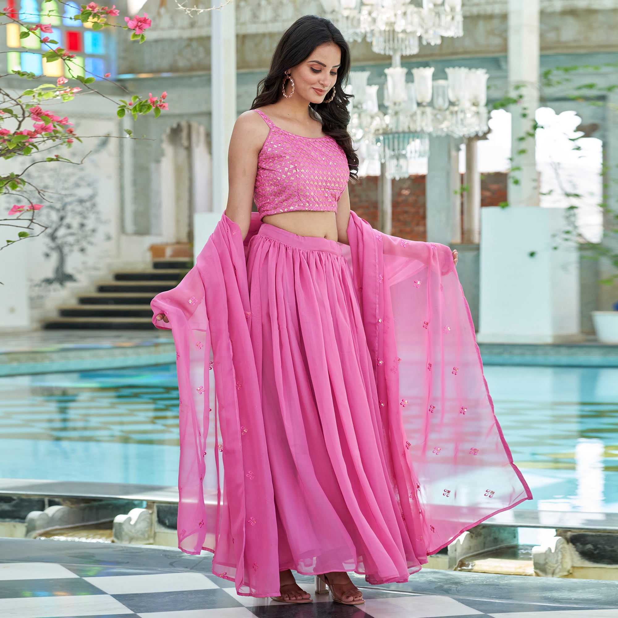 Pink Sequins Embroidered Georgette Lehenga Choli