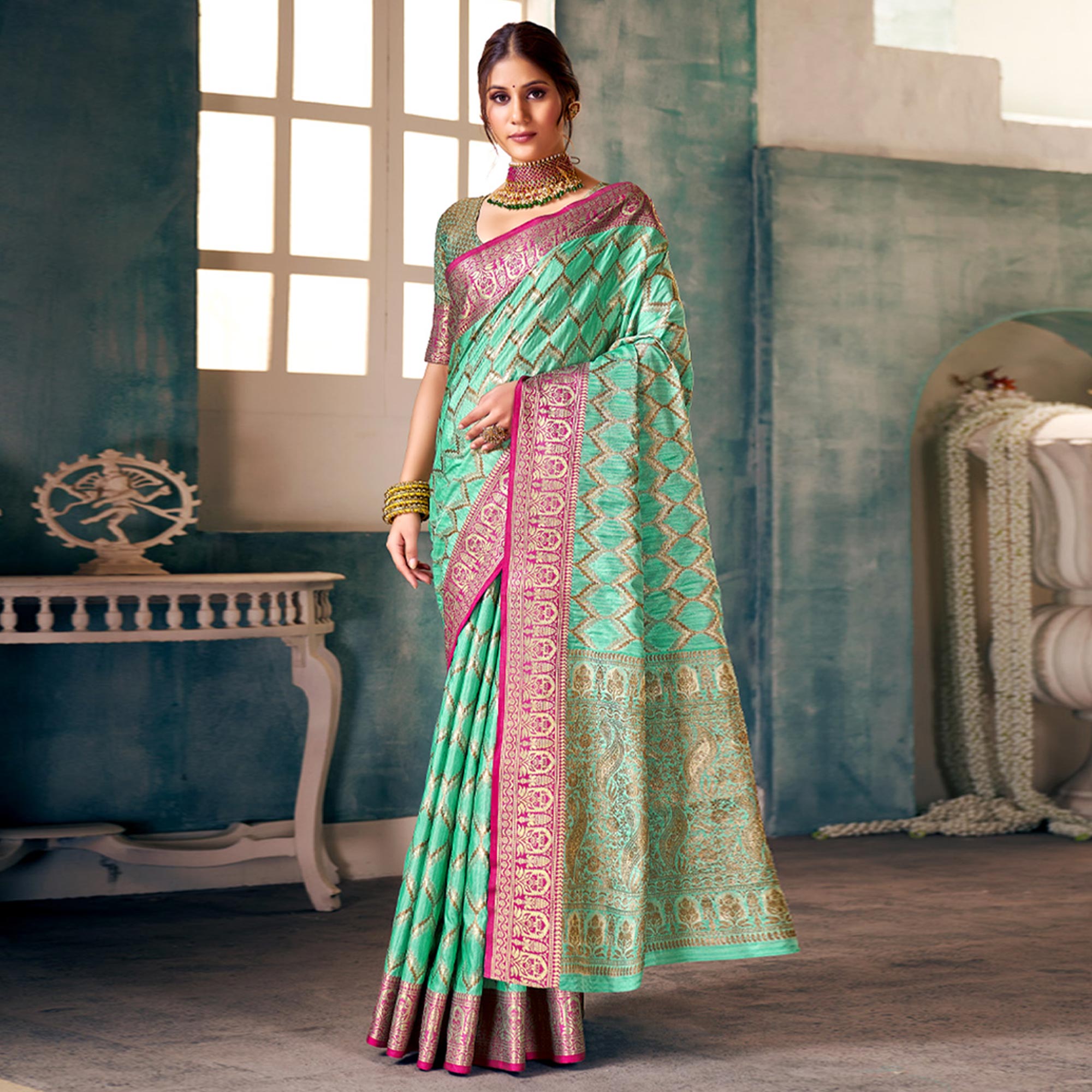 Turquoise Woven Banarasi Silk Saree
