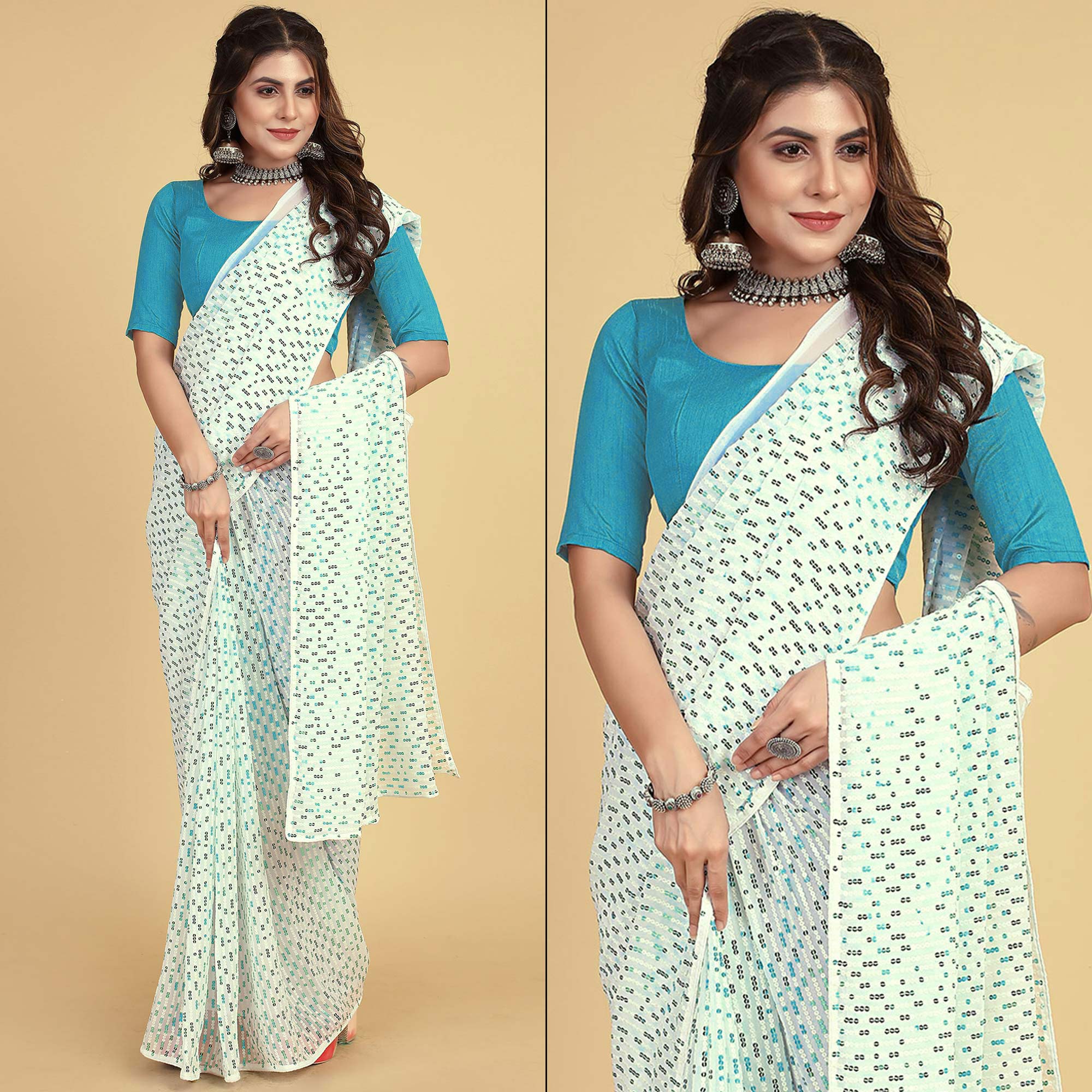 White & Blue Sequins Embroidered Georgette Saree