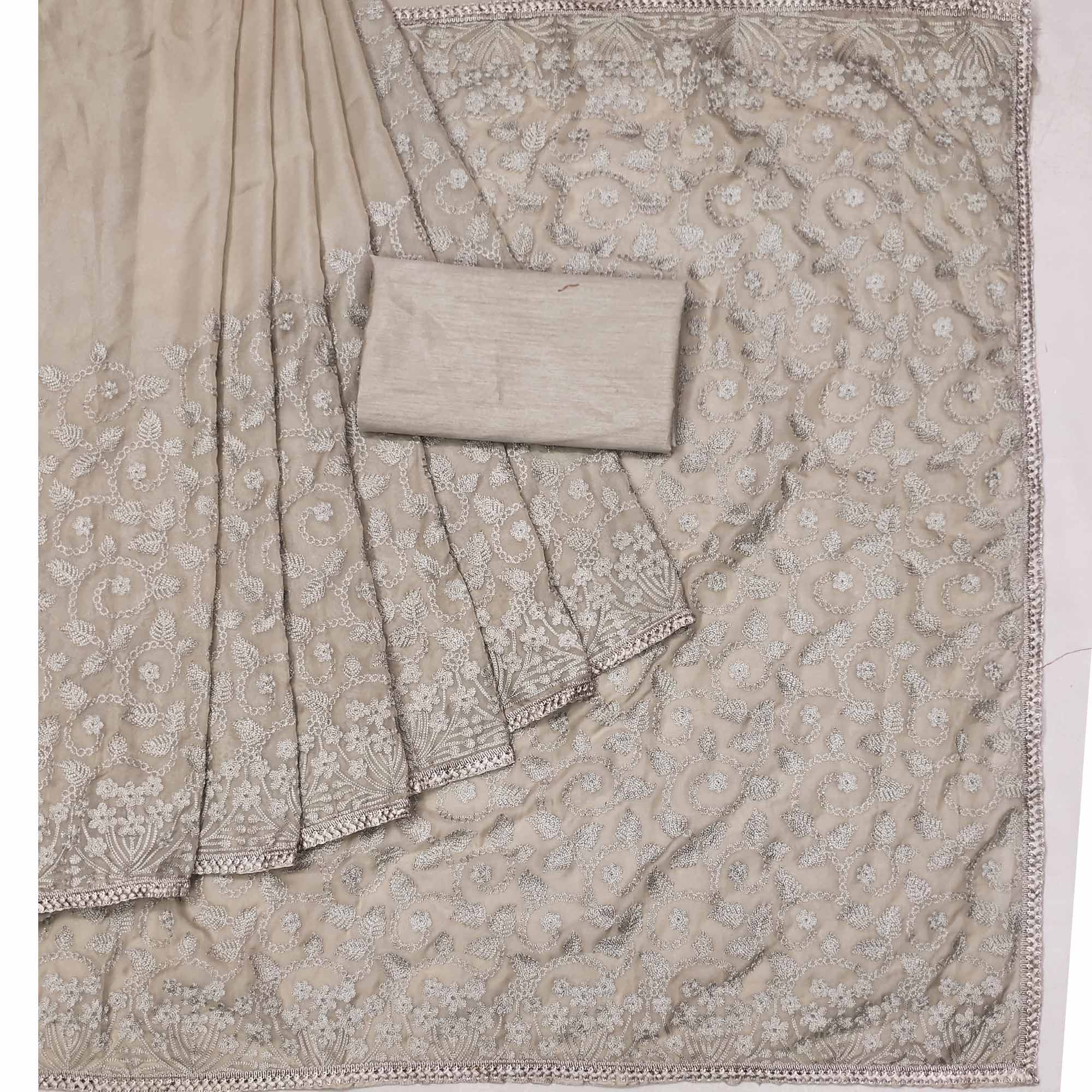 Grey Floral Embroidered Organza Saree