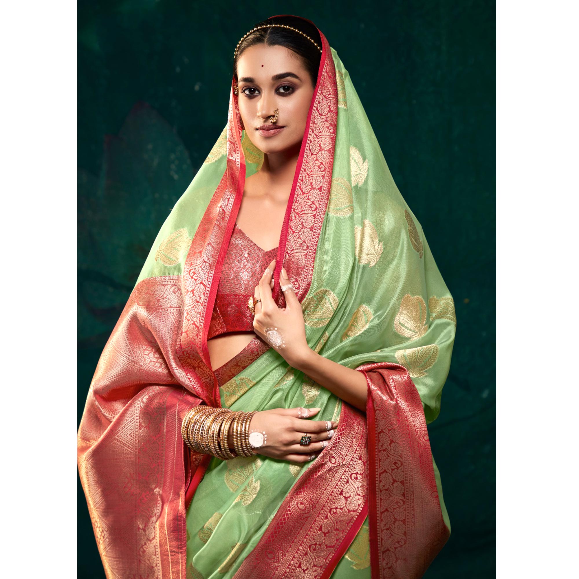 Pista Green Floral Woven Organza Saree