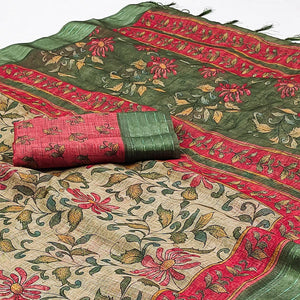 Green Floral Digital Printed Cotton Blend Saree