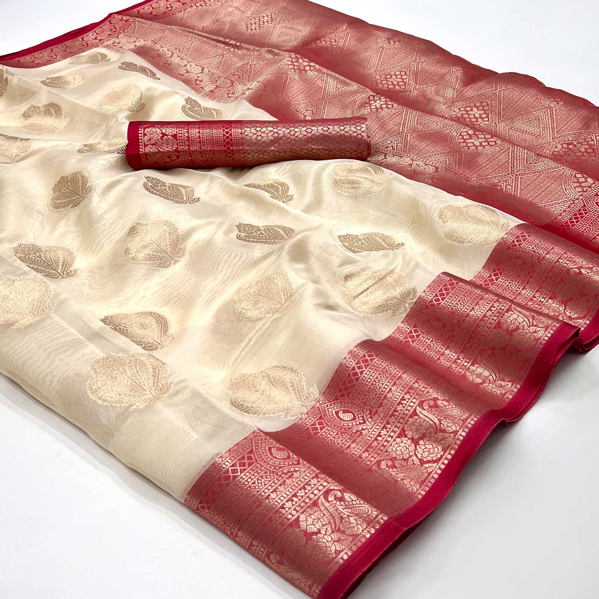 Off White Floral Woven Organza Saree