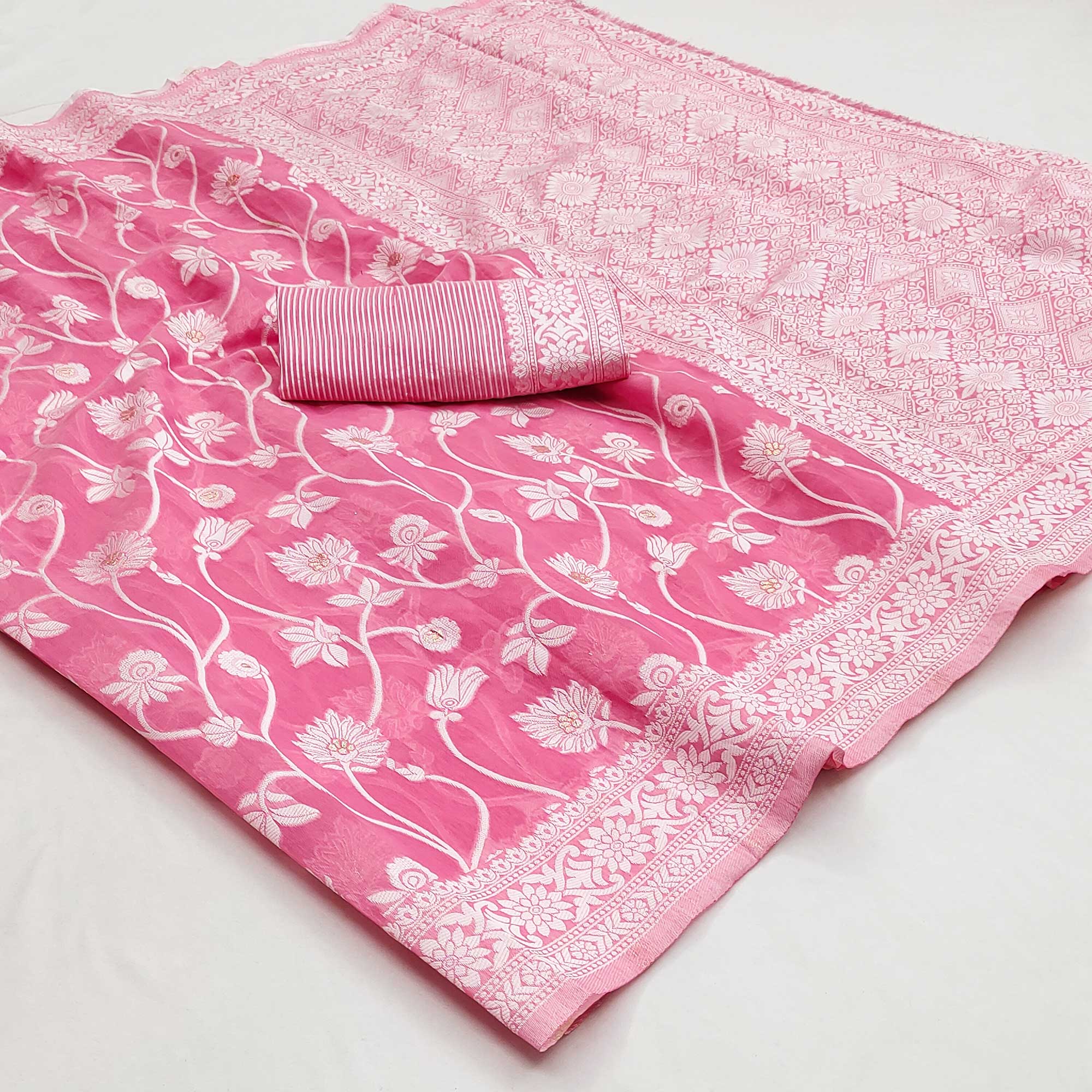 Pink Floral Woven Jacquard Saree