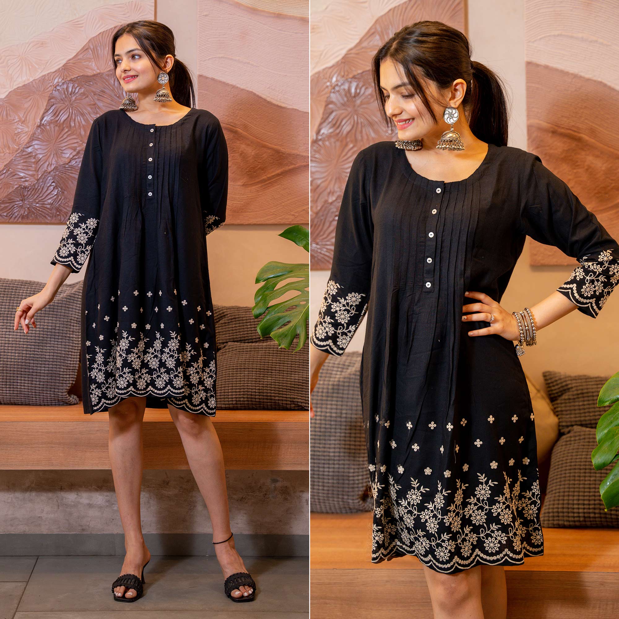 Black Floral Embroidered Rayon Dress
