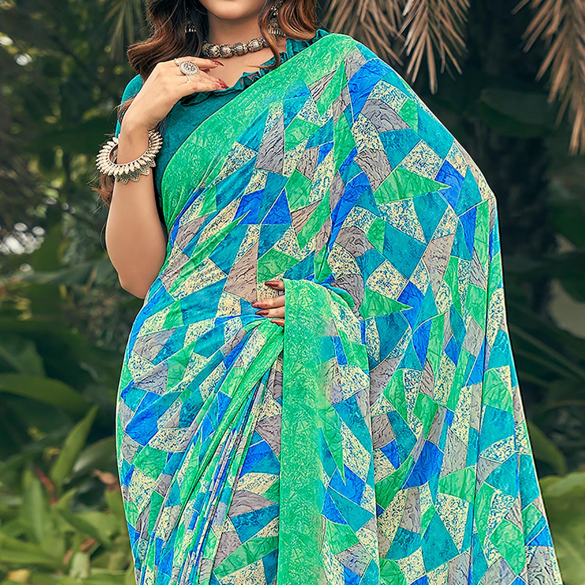 Blue & Green Geometric Printed Georgette Saree