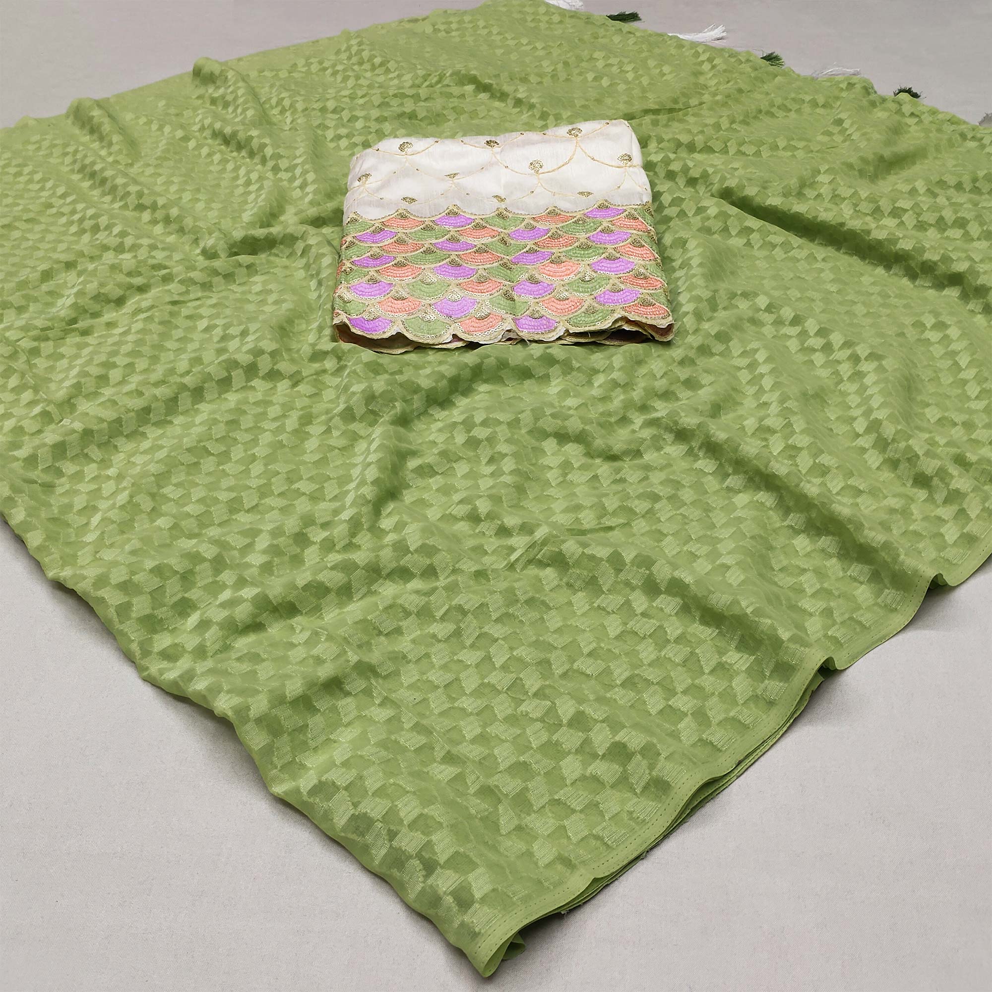 Green Woven Jacquard Saree With Tassels